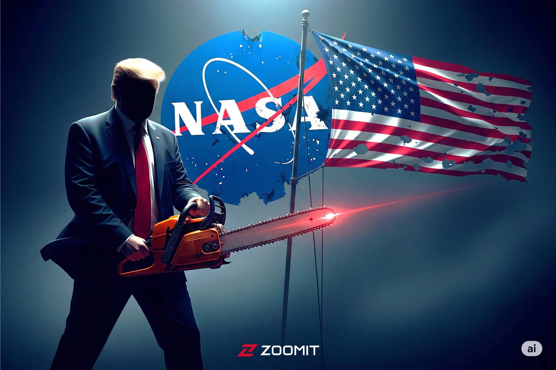 تصویرسازی از دونالد ترامپ با اره برقی درکنار لوگو ناسا و پرچم آمریکا