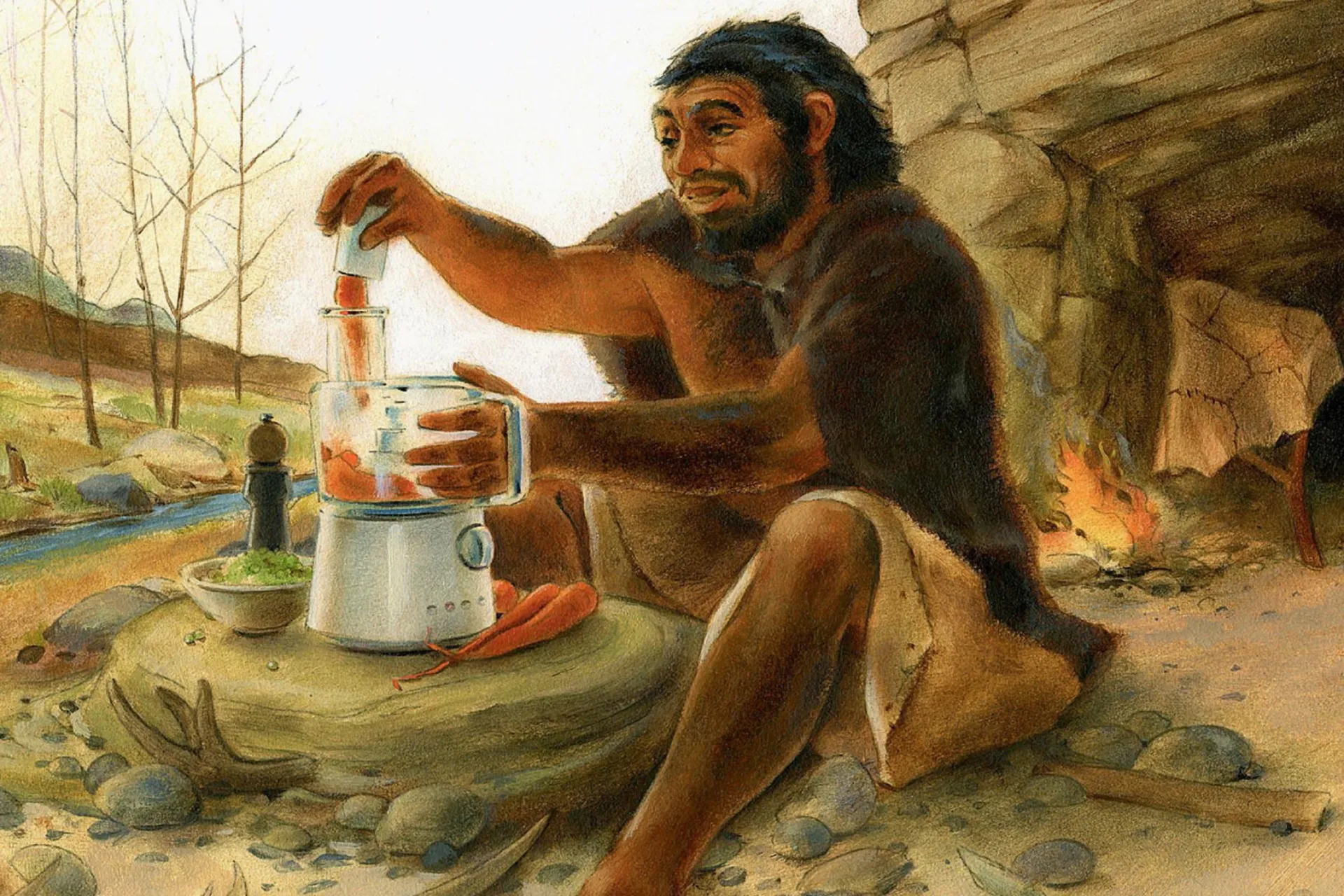 تصویرسازی مرد نئاندرتال در حال آماده‌سازی غذا با وسایل آشپزی مدرن