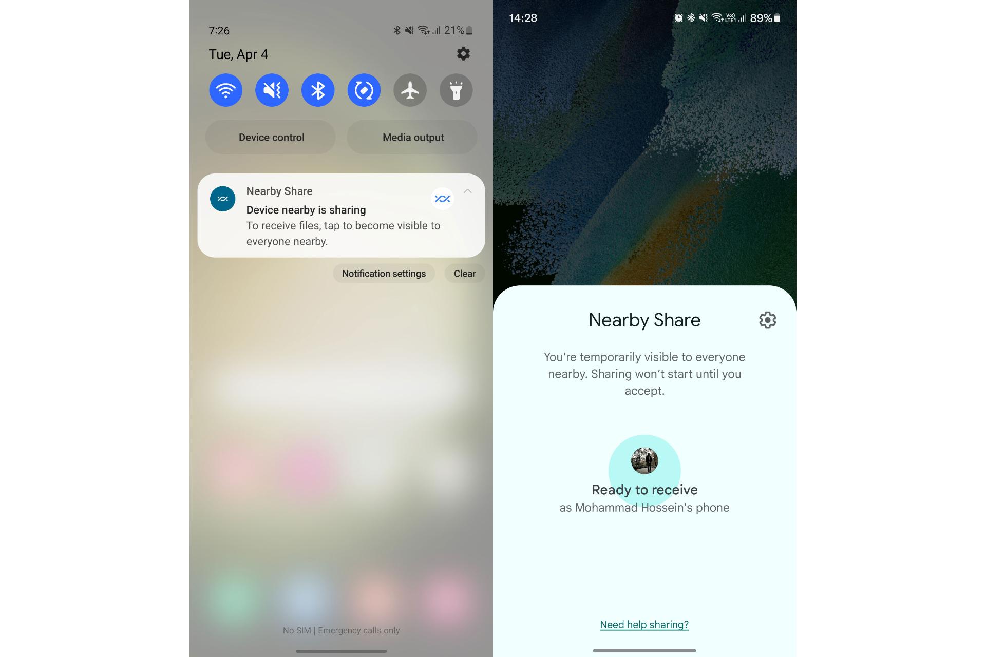 نمایان شدن گوشی برای دیگران در Nearby Share