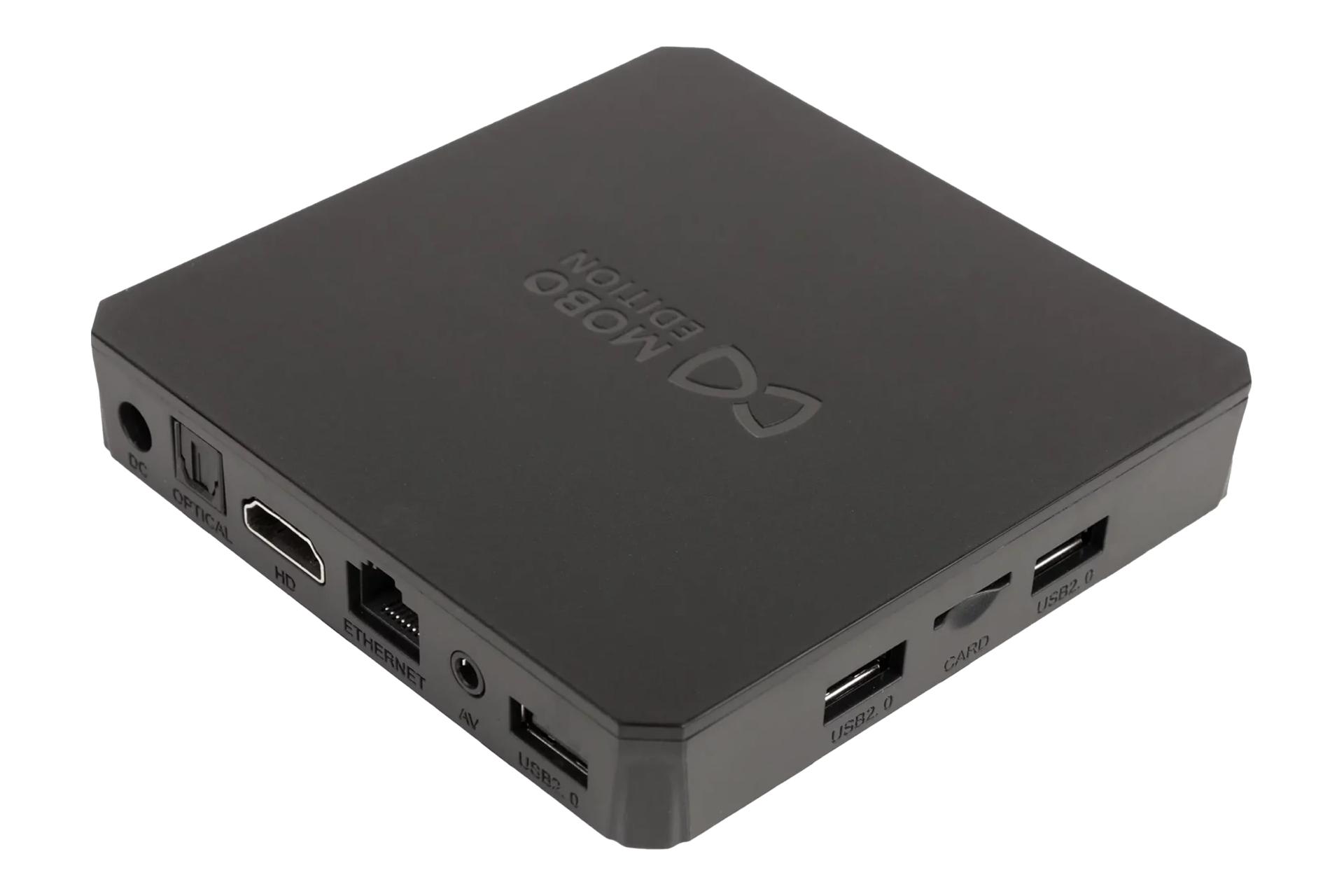 نمای نیمرخ اندروید باکس نت باکس موبو ادیشن / NETBOX Mobo Edition با نمایش درگاه‌های لبه پشت و سمت چپ