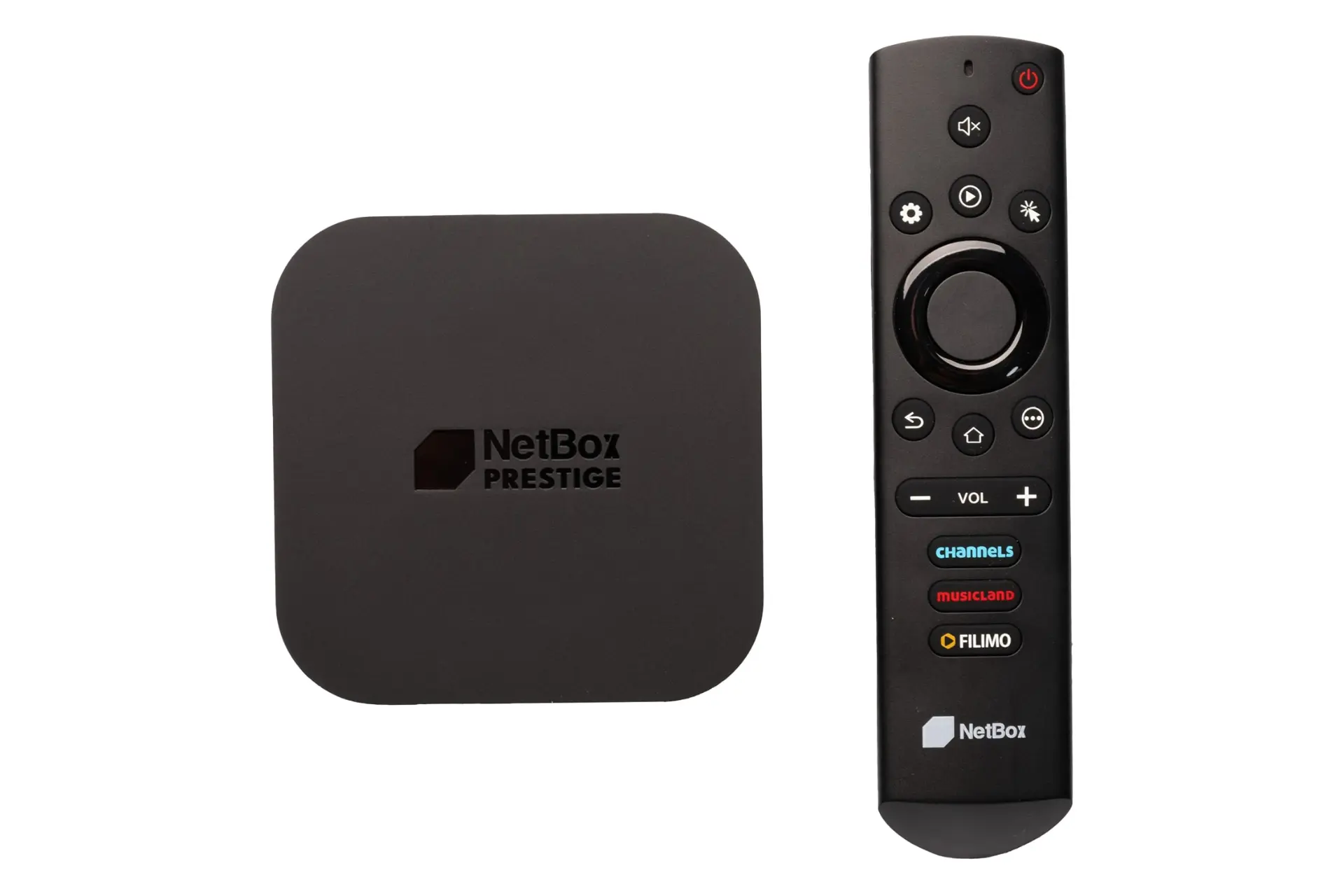 نمای کلی اندروید باکس نت باکس پرستیژ / NETBOX Prestige با نمایش کنترل و لوگوی اندروید باکس رنگ مشکی
