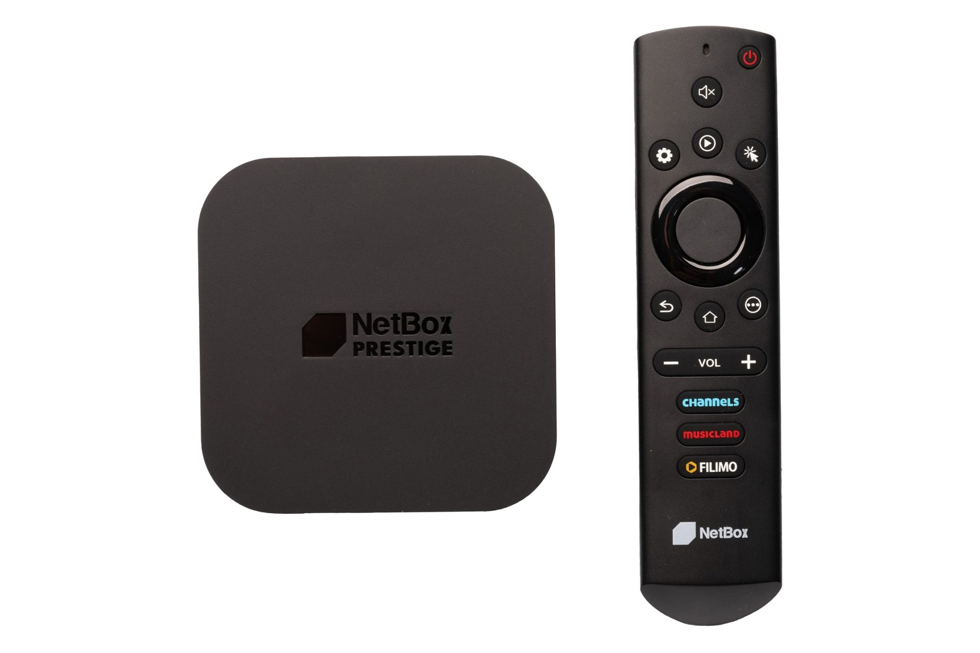 نمای کلی اندروید باکس نت باکس پرستیژ / NETBOX Prestige با نمایش کنترل و لوگوی اندروید باکس رنگ مشکی
