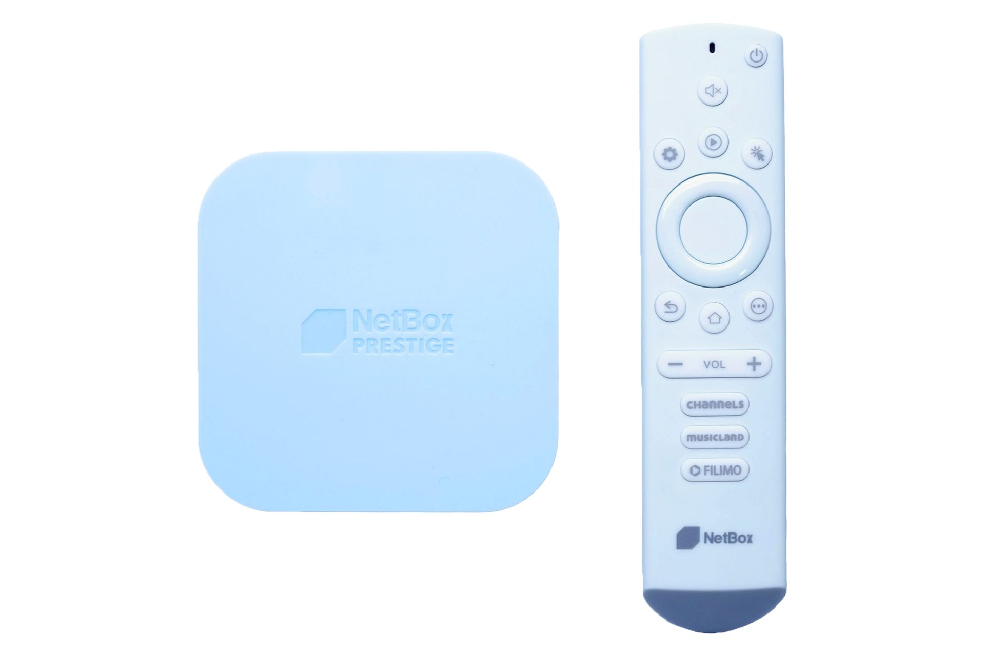 نمای کلی اندروید باکس نت باکس پرستیژ / NETBOX Prestige با نمایش کنترل و لوگوی اندروید باکس رنگ آبی