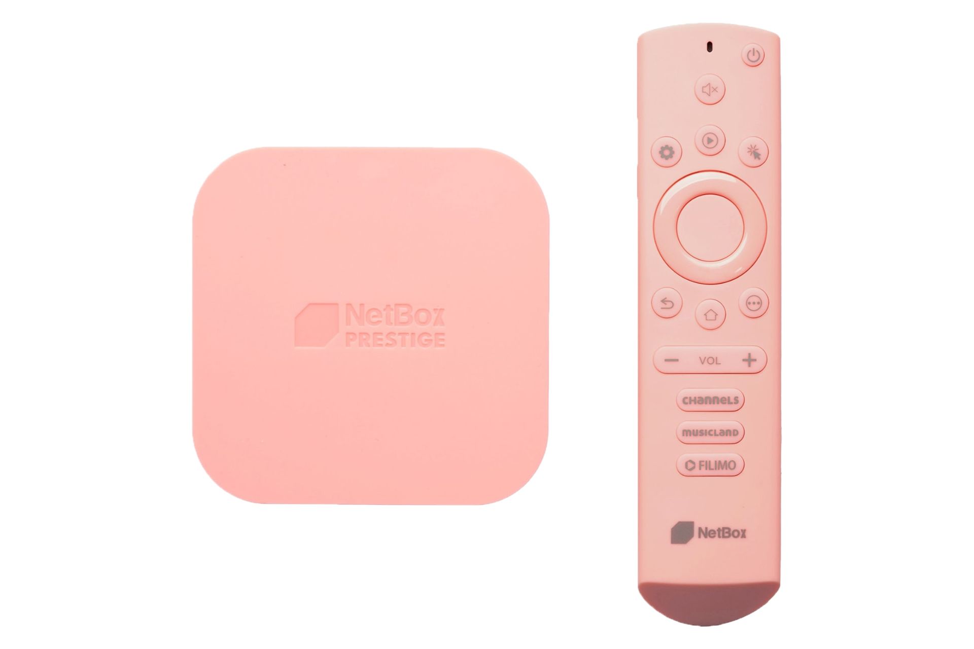 نمای کلی اندروید باکس نت باکس پرستیژ / NETBOX Prestige با نمایش کنترل و لوگوی اندروید باکس رنگ صورتی