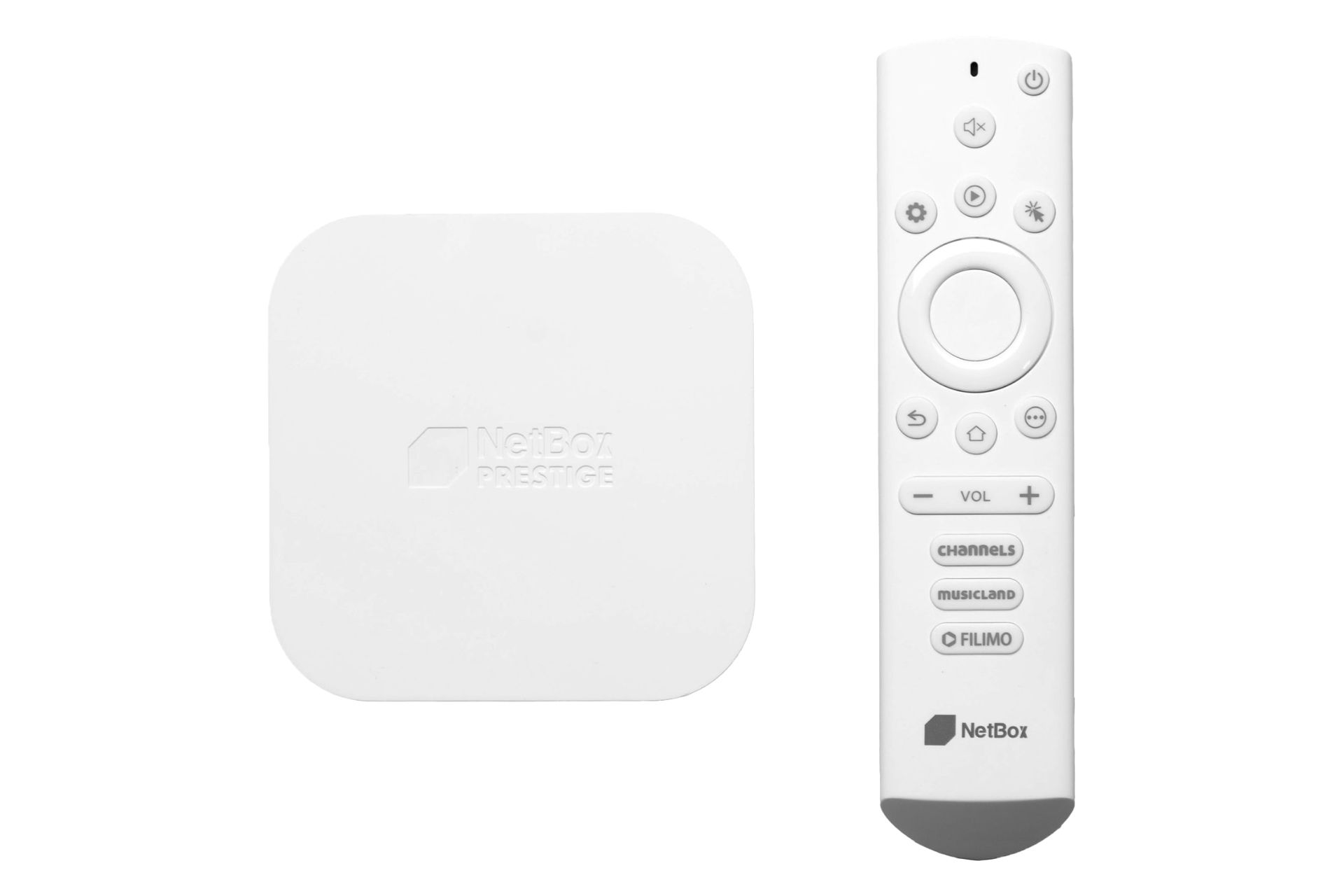 نمای کلی اندروید باکس نت باکس پرستیژ / NETBOX Prestige با نمایش کنترل و لوگوی اندروید باکس رنگ سفید