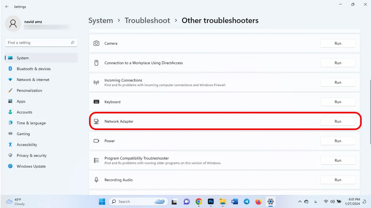 اجرای عیب‌ یاب network adapter