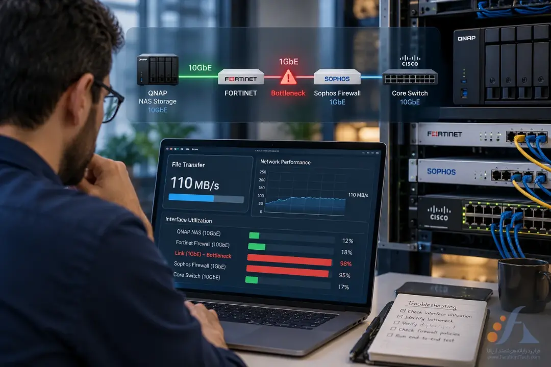 نمودار گلوگاه شبکه (Bottleneck) در اتصال QNAP NAS به فایروال Sophos