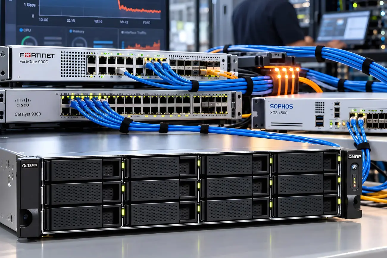 سخت‌افزارهای شبکه شامل سوئیچ سیسکو (Cisco) و فایروال فورتینت (Fortinet) و دستگاه QNAP