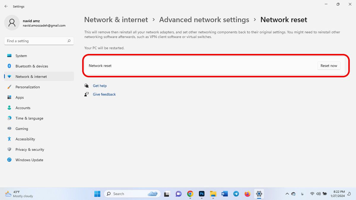 انجام ریست شبکه (network reset)