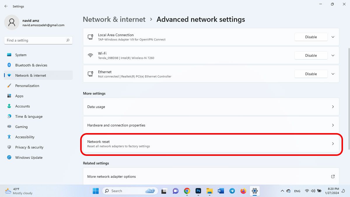 network reset ویندوز ۱۱