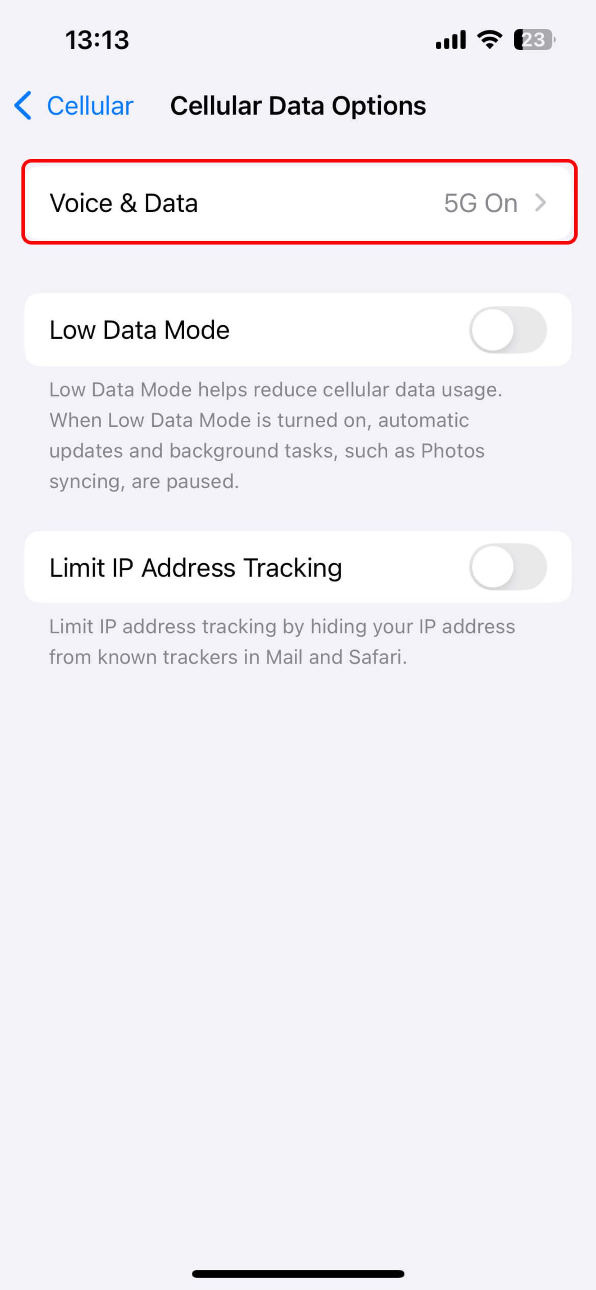 بخش Cellular Data Options آیفون