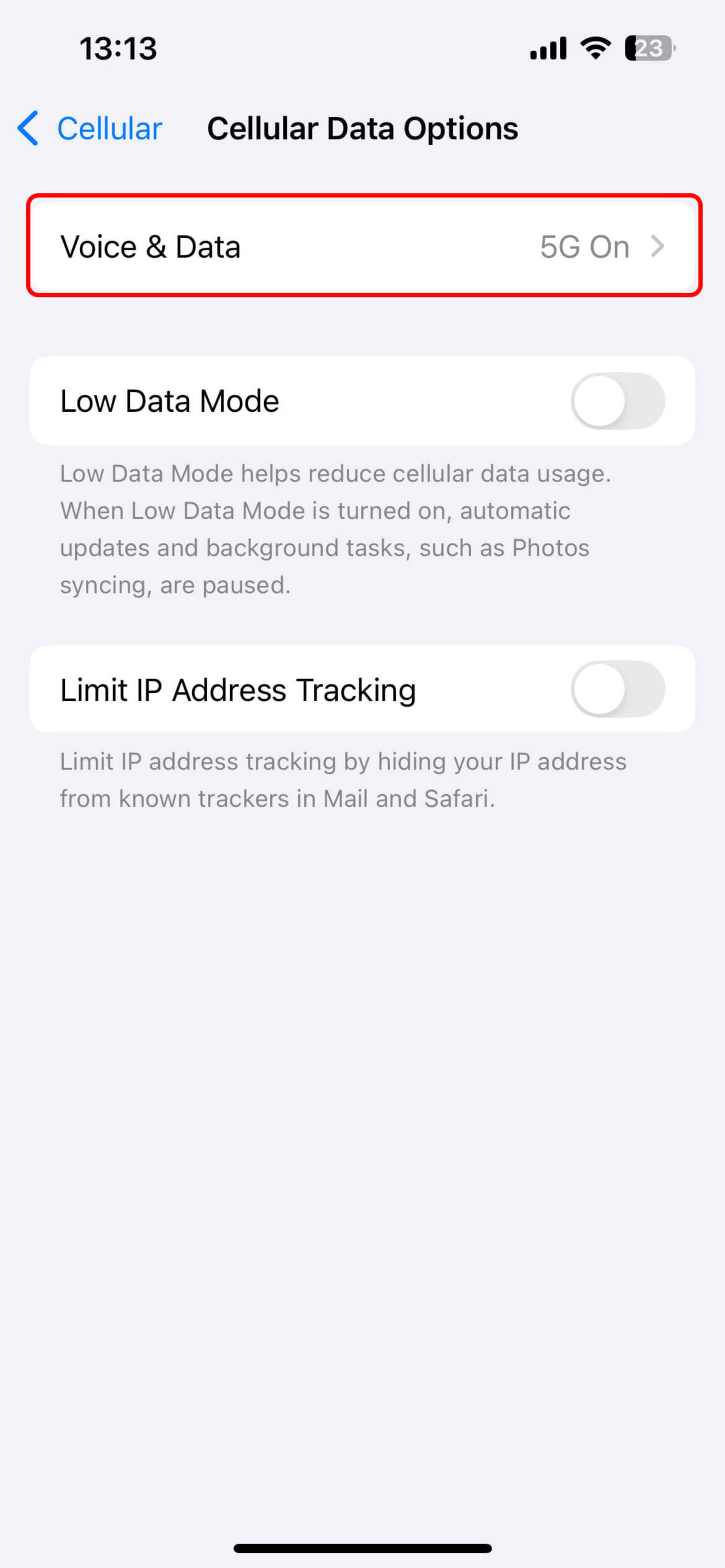 بخش Cellular Data Options آیفون