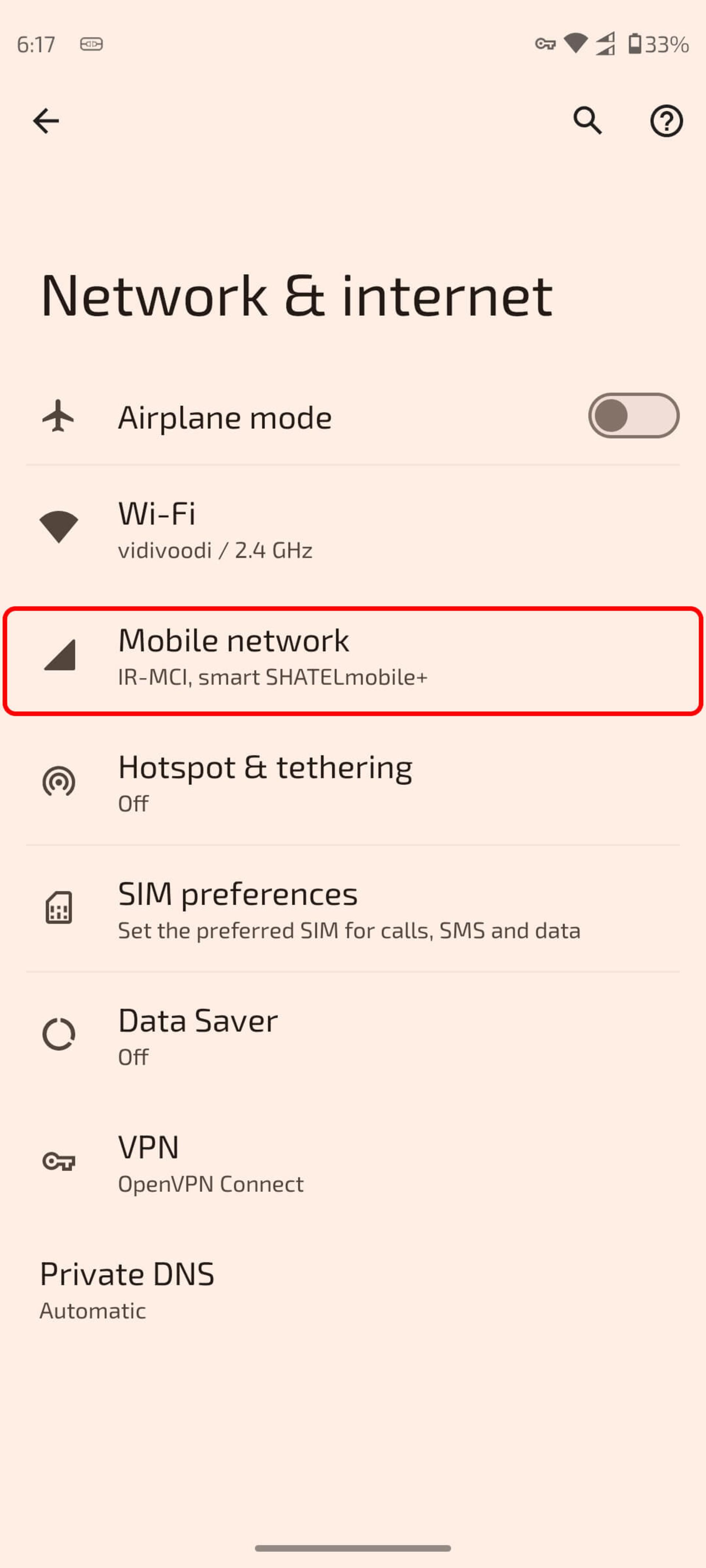 بخش network & internet گوشی اندروید