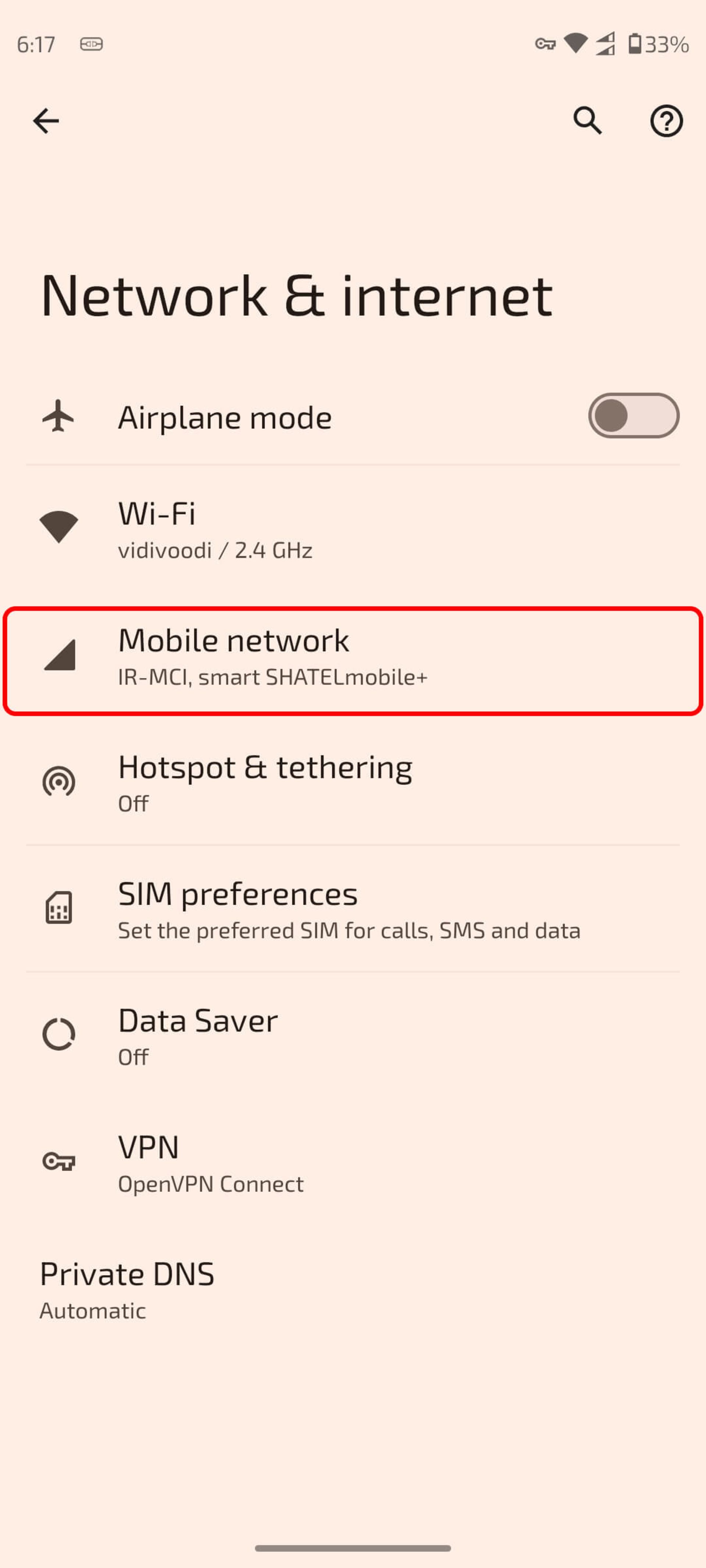 بخش network & internet گوشی اندروید