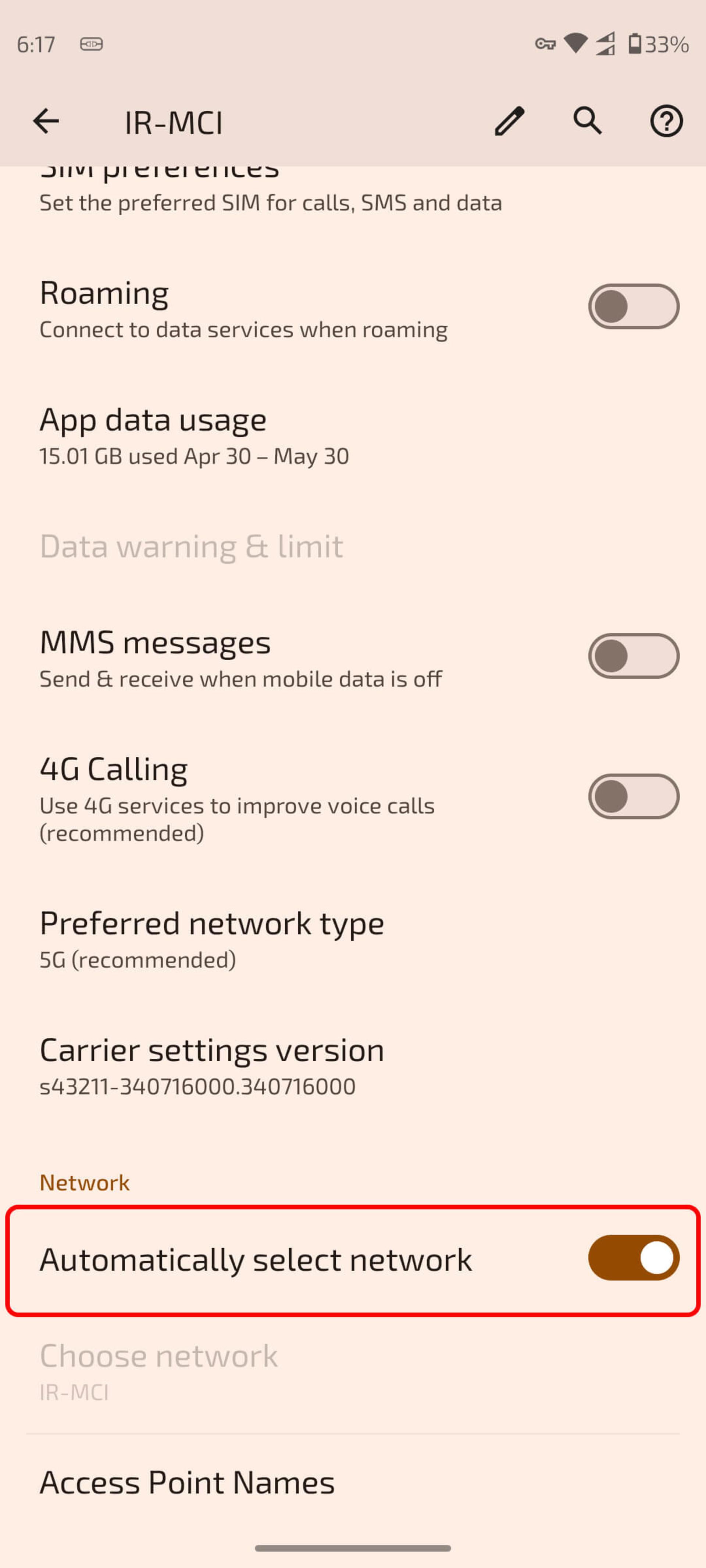 انتخاب گزینه automatically select network در گوشی اندروید