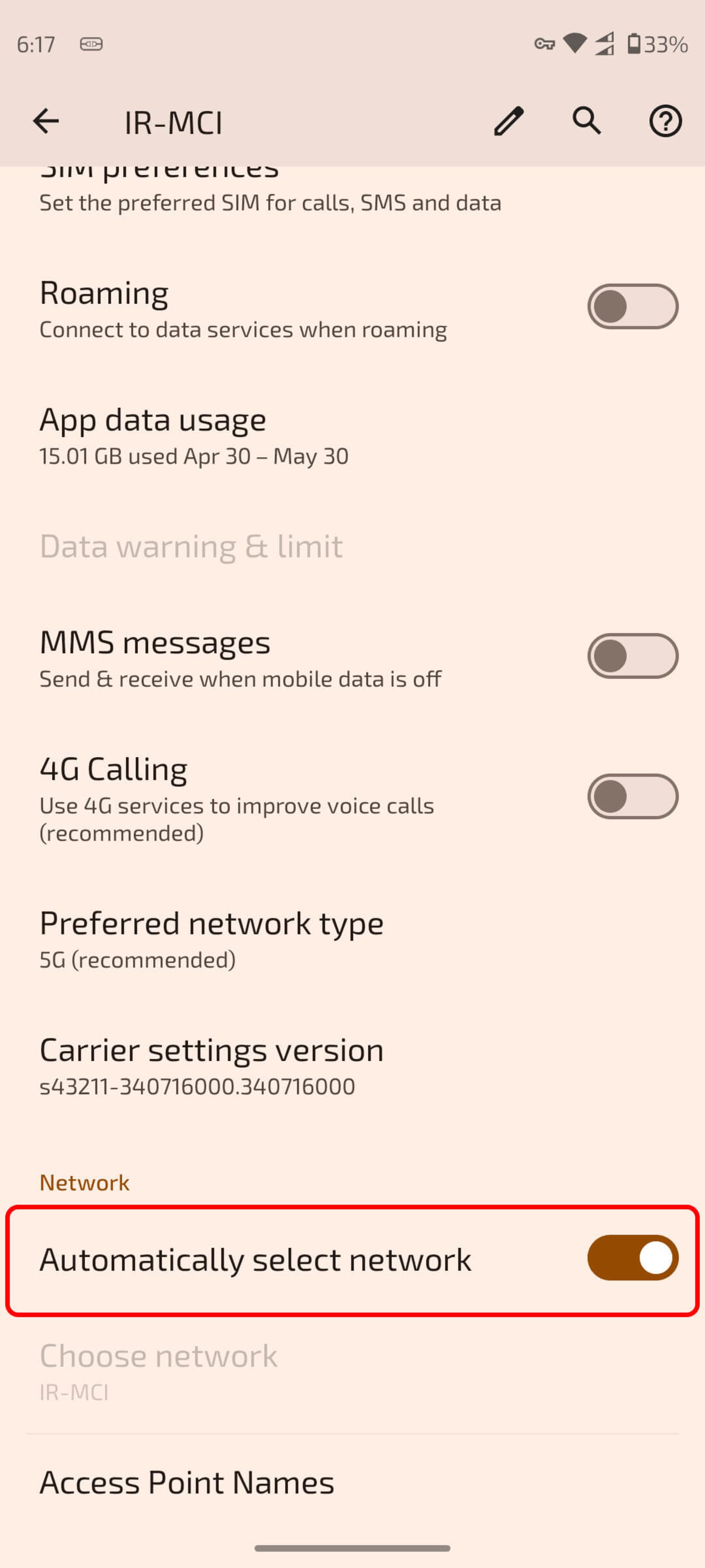 انتخاب گزینه automatically select network در گوشی اندروید