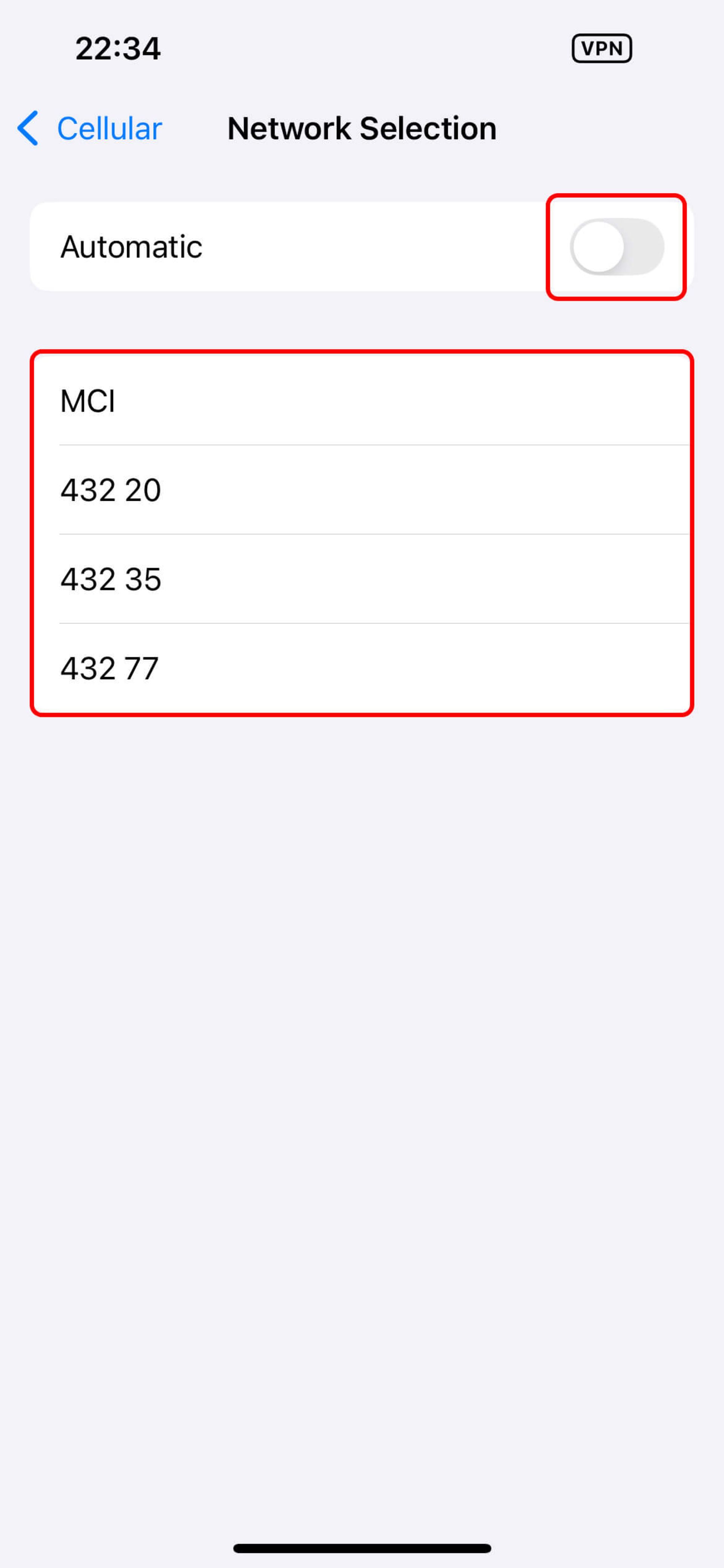 غیر فعال کردن گزینه Automatic جهت انتخاب دستی شبکه همراه