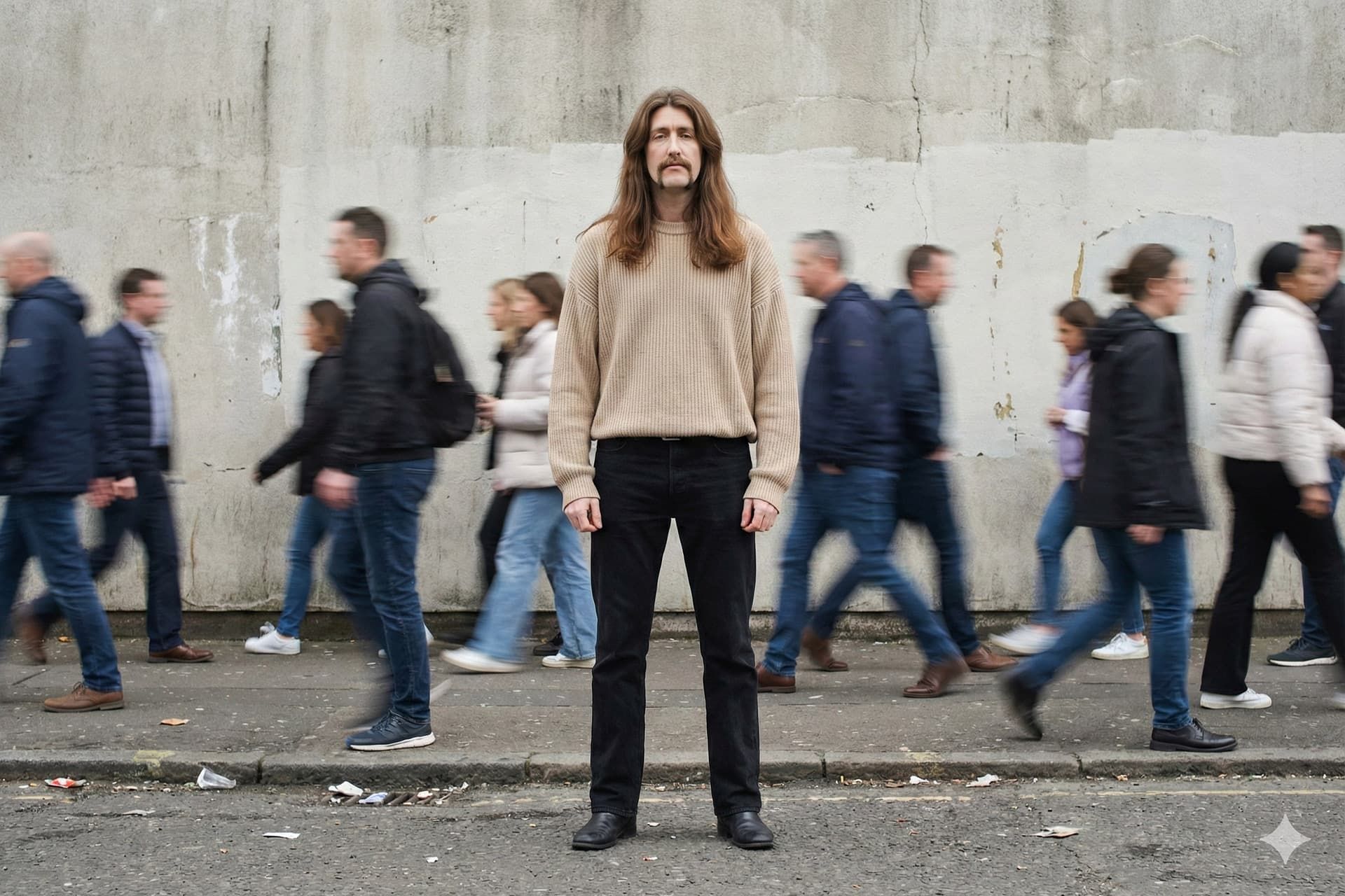 مردی با سبیل و موهای بلند با حالت چهره‌ی بدون حس در خیابان