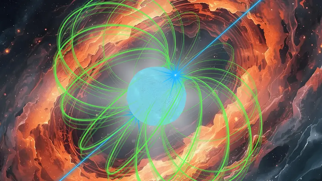 ستاره نوترونی (Neutron Star) در مرکز یک پالسر با خطوط میدان مغناطیسی سبز