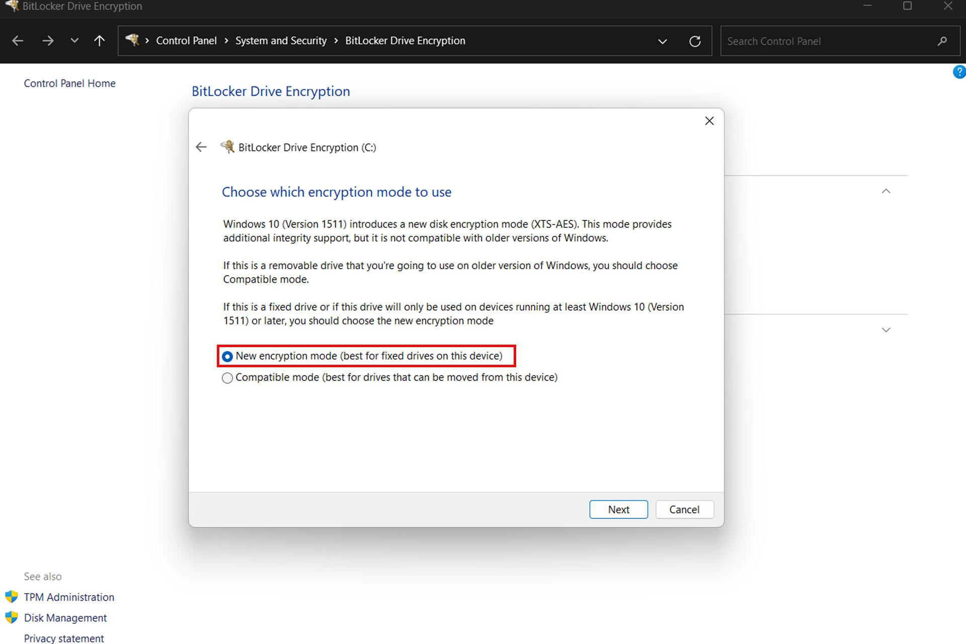 پنجره BitLocker Drive Encription