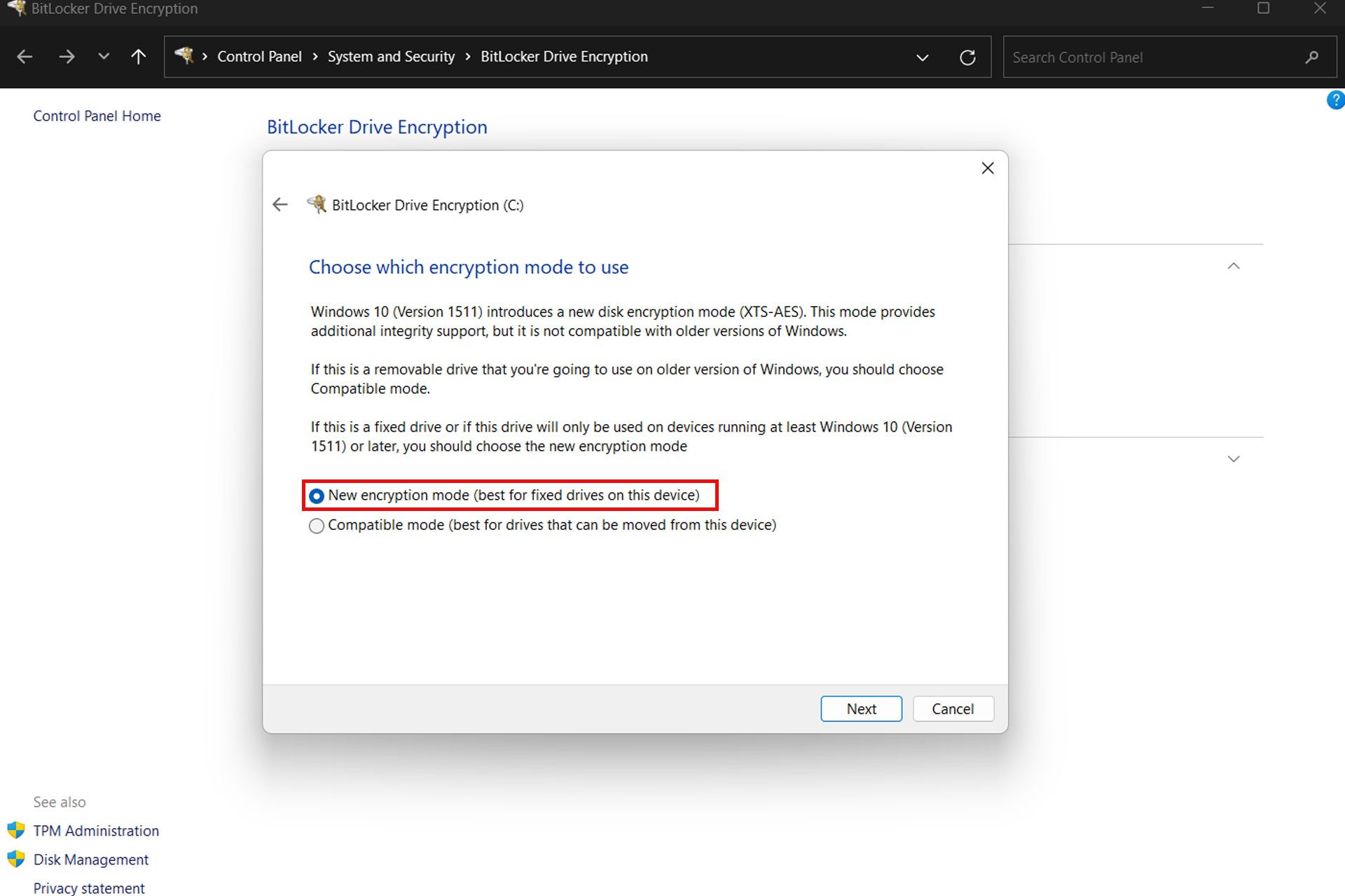 پنجره BitLocker Drive Encription