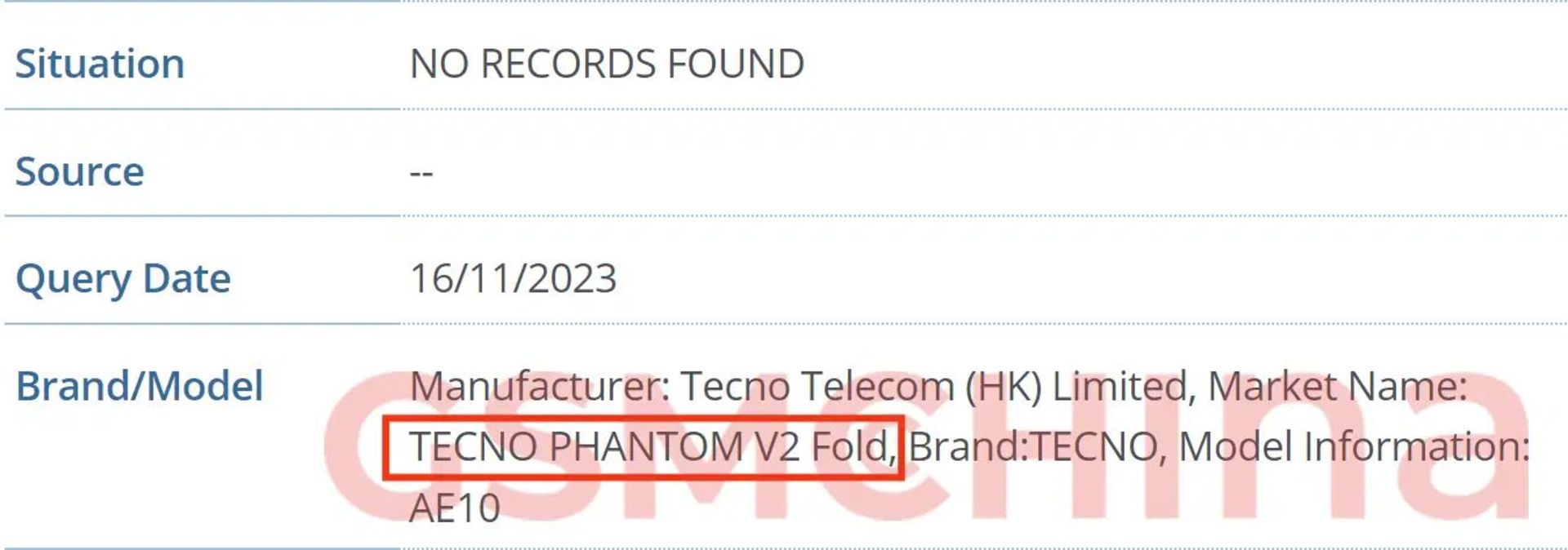 گوشی تاشدنی تکنو فانتون V2 فولد در پایگاه IMEI