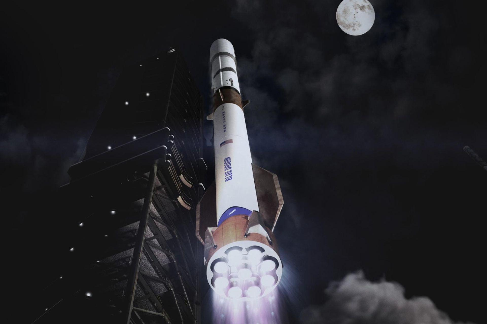 تصویرسازی از موشک نیوگلن درحال برخاست در تاریکی شب