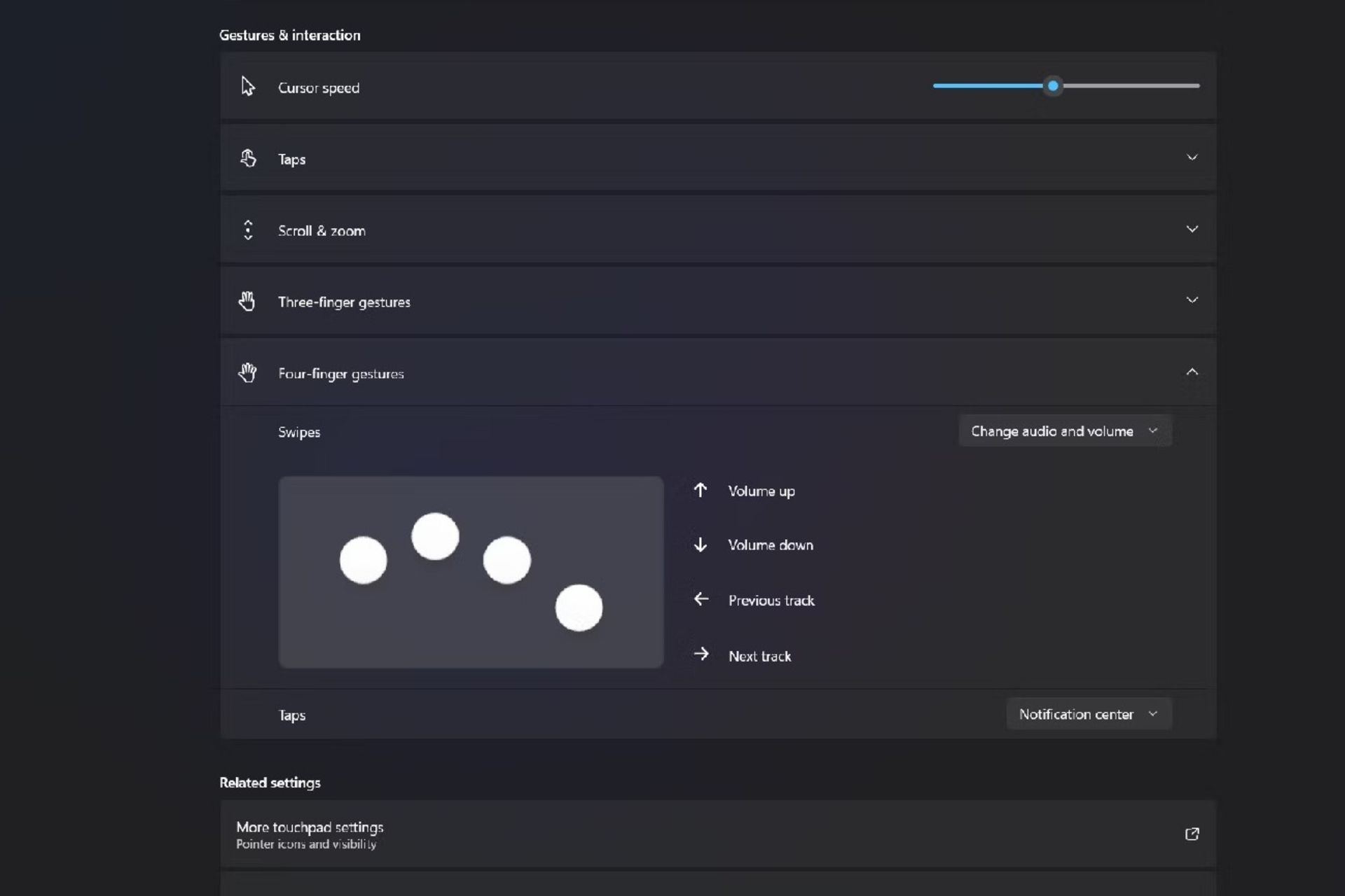 بخش Four-finger gestures در شخصی‌سازی کردن تاچ پد ویندوز 11