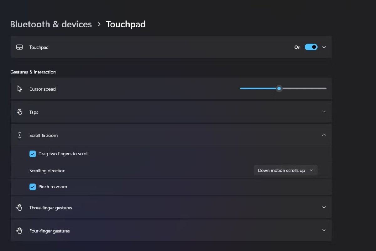 بخش اسکرول و زوم در شخصی‌سازی کردن تاچ پد ویندوز 11