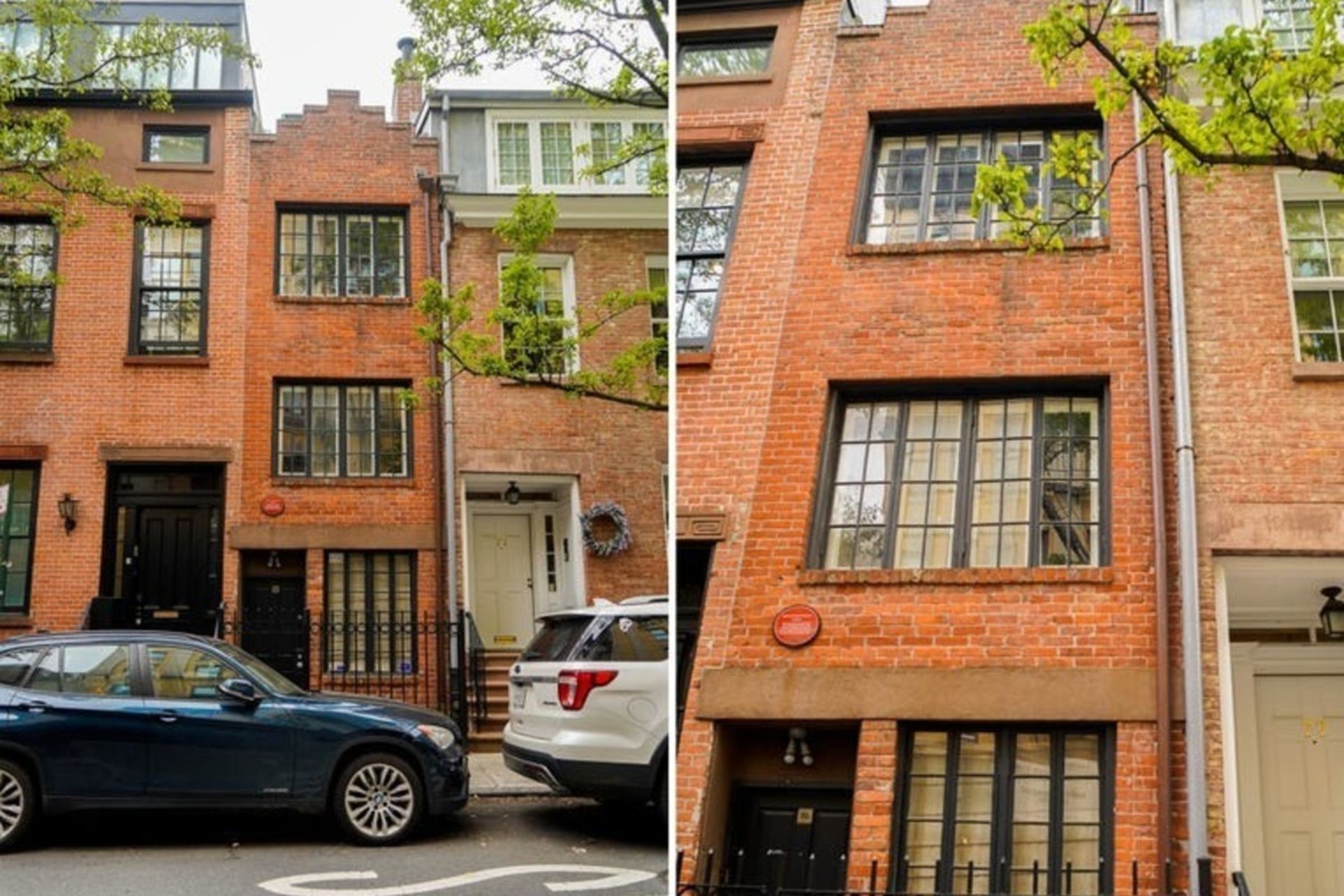 نمای بیرونی یک خانه‌ی آجری باریک در نیویورک