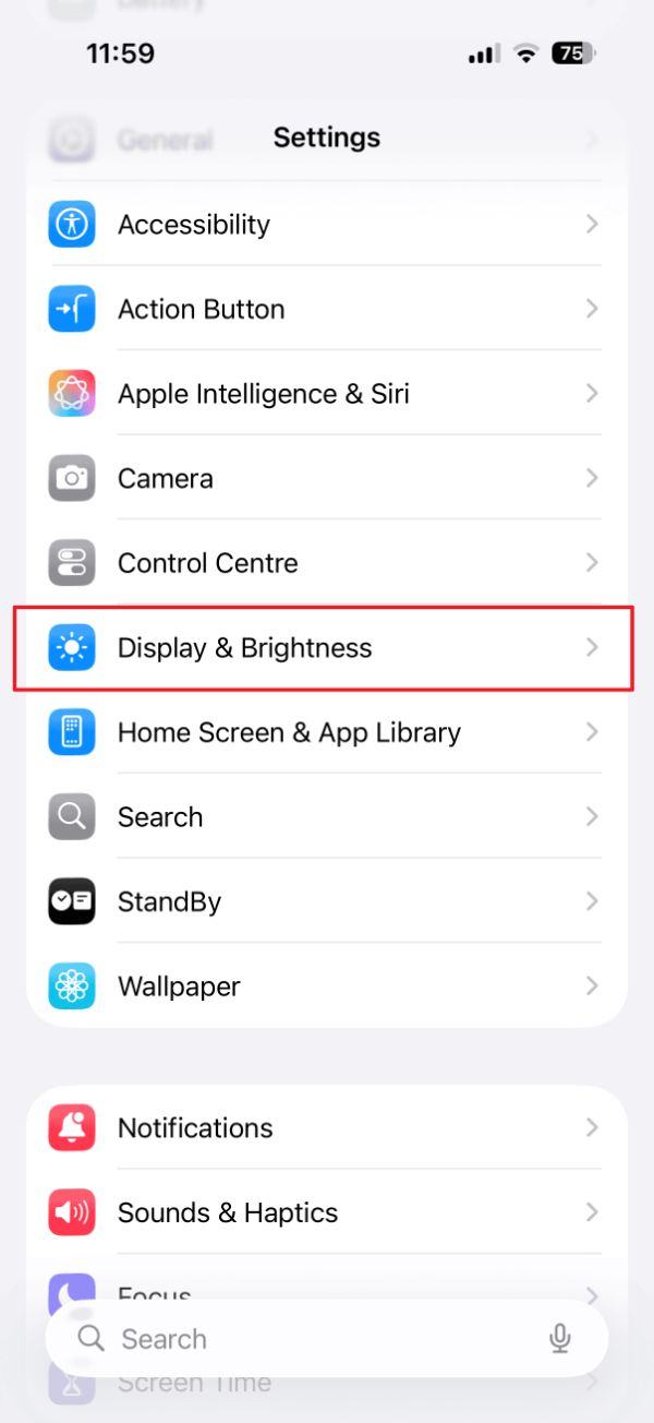 منوی Accessibiliy در تنظیمات آیفون با گزینه‌ی Display & Text size  هایلایت شده