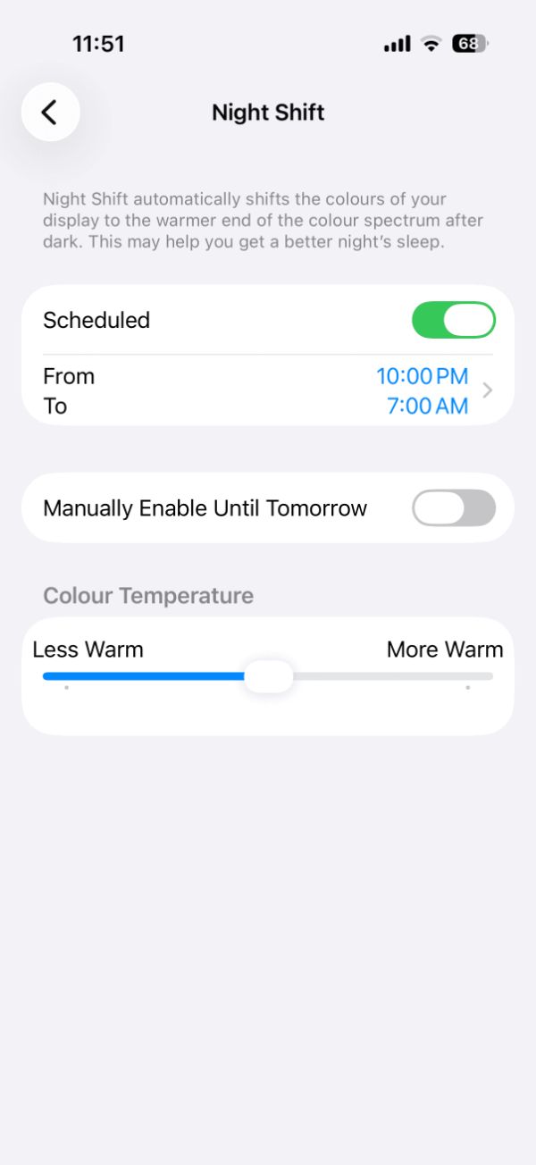 تنظیمات Night Shift در تنظیمات آیفون