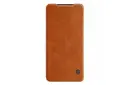 نمای جلوی کیف کلاسوری نیلکین مدل Qin Leather مناسب سامسونگ Galaxy A33 5G رنگ قهوه‌ای
