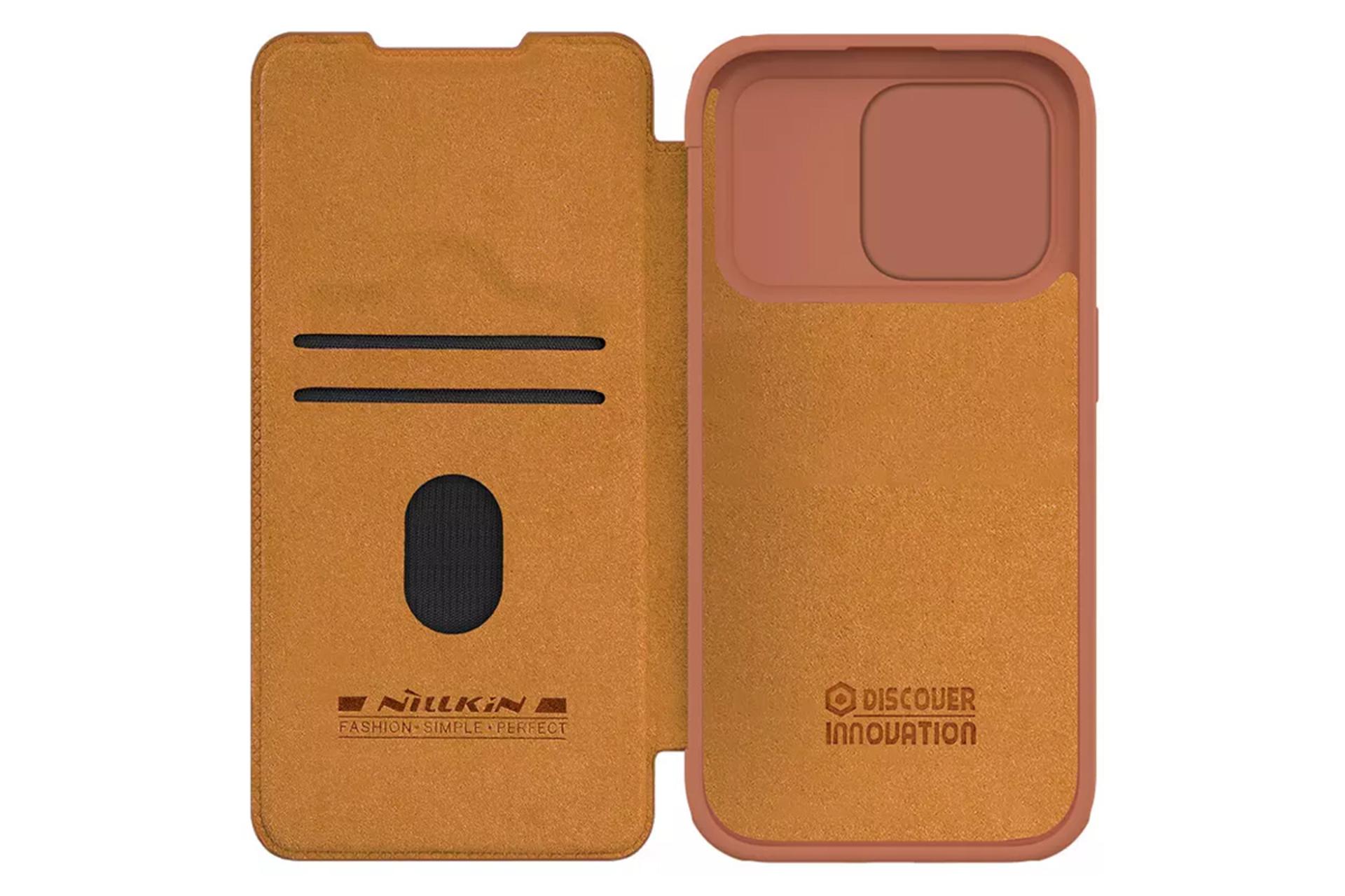 نمای داخل قاب گوشی کیف کلاسوری نیلکین مدل Qin Pro Leather مناسب اپل iPhone 15 Pro Max