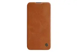 نمای جلوی کیف کلاسوری نیلکین مدل Qin Pro Leather مناسب سامسونگ Galaxy A54 رنگ قهوه‌ای