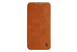 نمای جلوی کیف کلاسوری نیلکین مدل Qin Pro Leather مناسب سامسونگ Galaxy S23 Plus رنگ قهوه‌ای