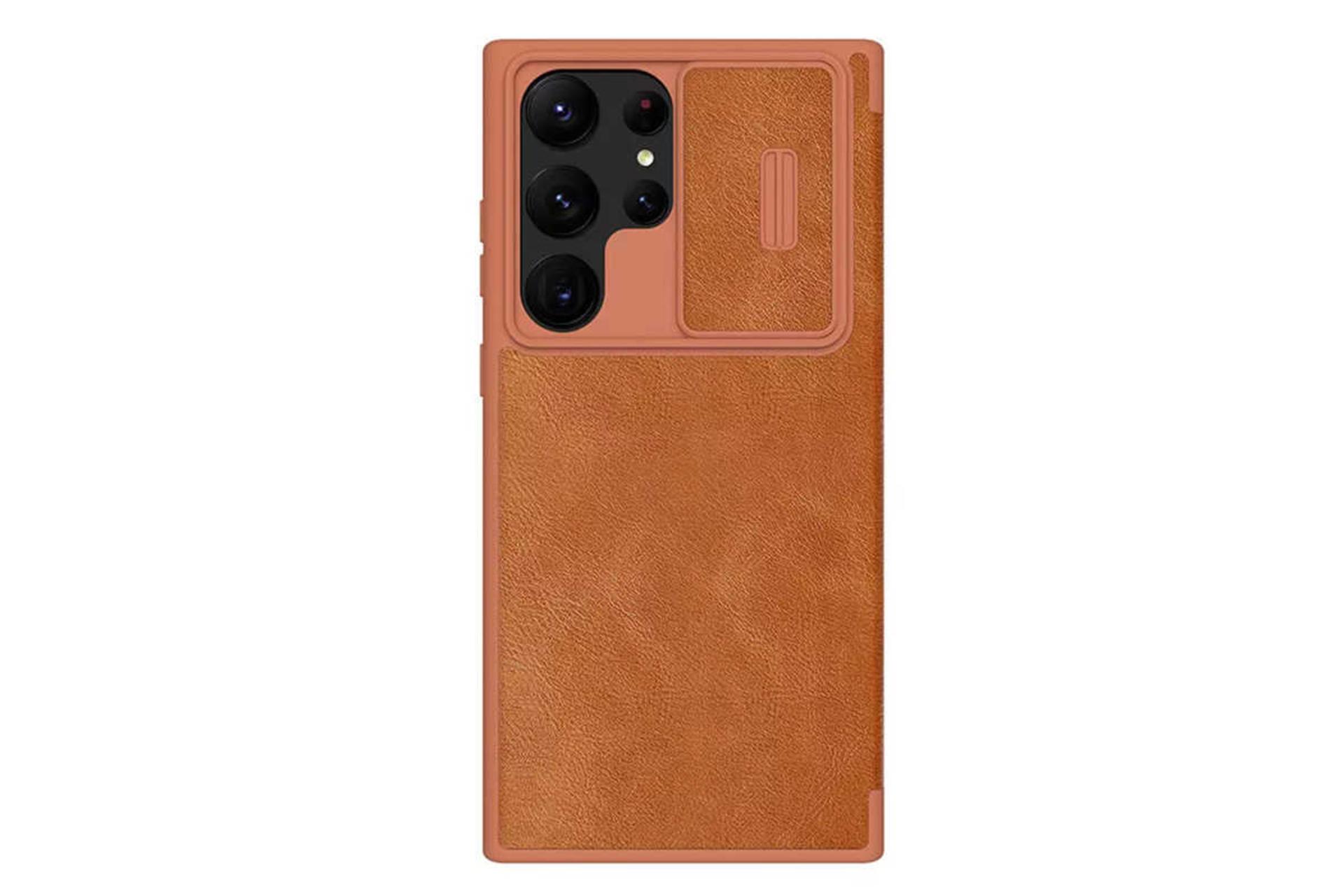 نمای پشت کیف کلاسوری نیلکین مدل Qin Pro Leather مناسب سامسونگ Galaxy S23 Ultra رنگ قهوه‌ای