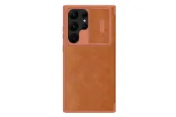 نمای پشت کیف کلاسوری نیلکین مدل Qin Pro Leather مناسب سامسونگ Galaxy S23 Ultra رنگ قهوه‌ای