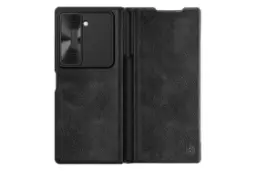 نمای کلی قاب گوشی کیف کلاسوری نیلکین مدل Qin Pro Leather مناسب سامسونگ Galaxy Z Fold6 با نمایش پنل جلو و پشت رنگ مشکی