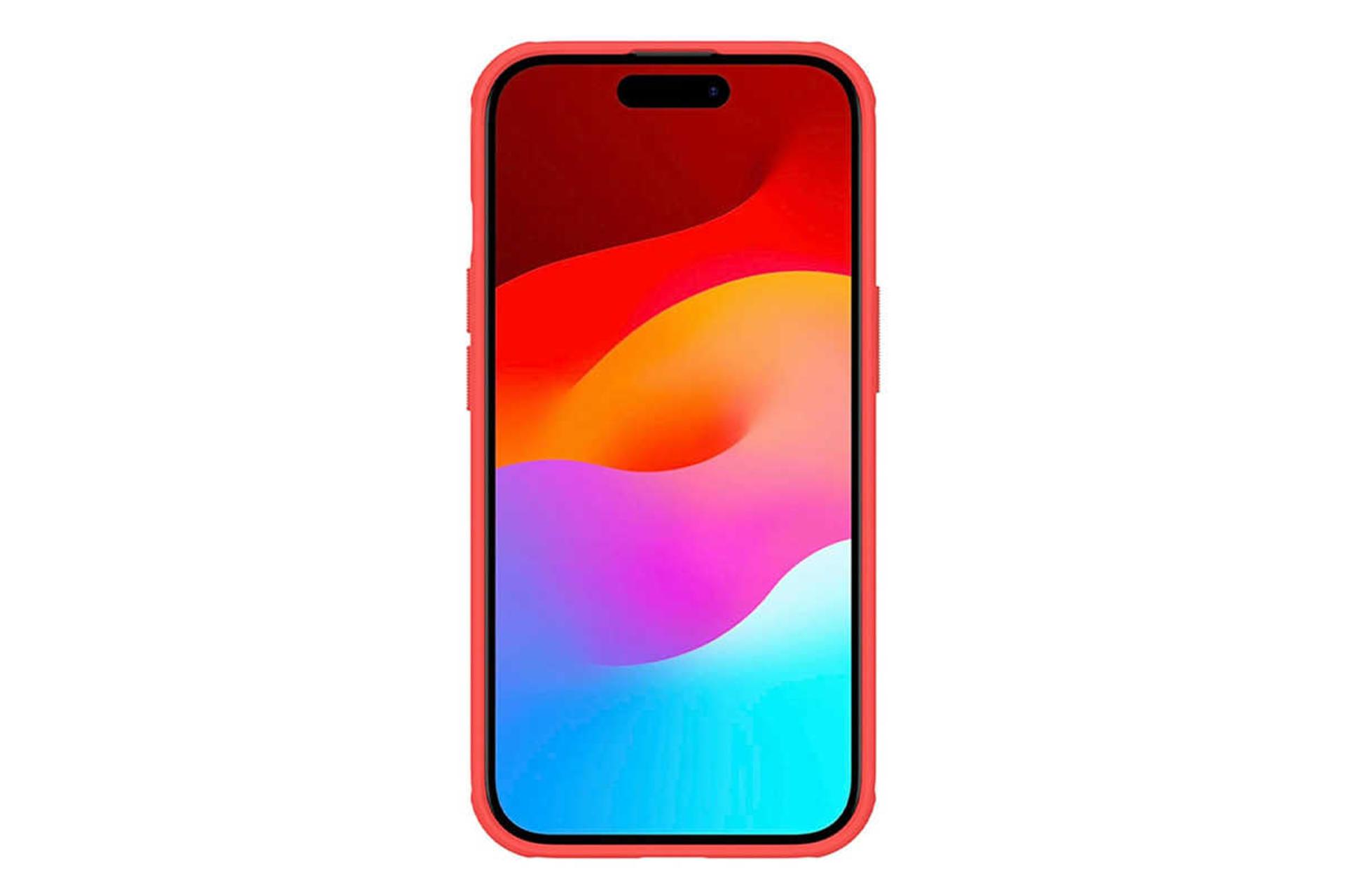 نمای بالای قاب گوشی نیلکین مدل Super Frosted Shield Pro مناسب اپل iPhone 15 رنگ قرمز