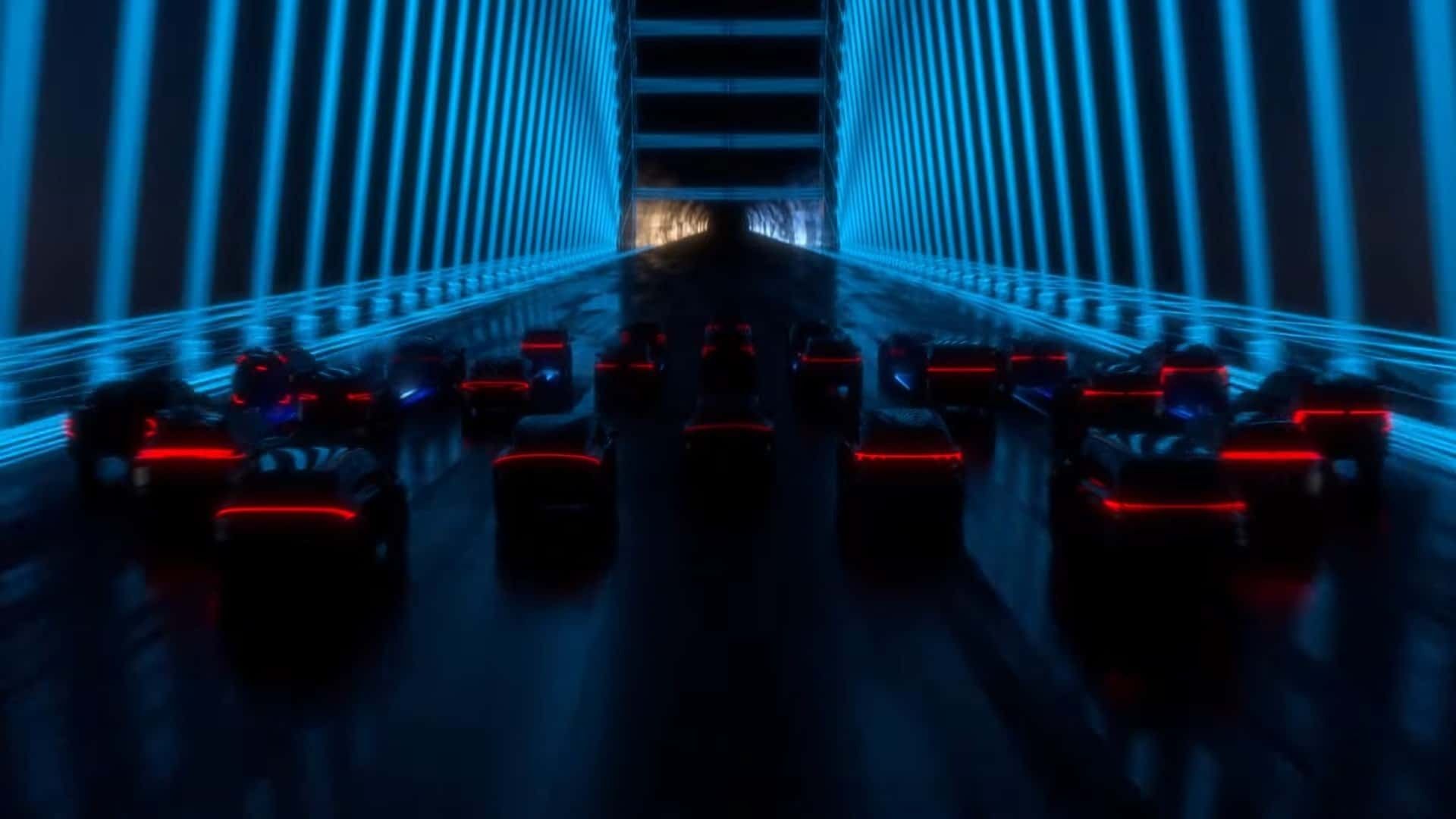 تصویر سایه های ۳۰ خودرو جدید نیسان که در خیابان می روند با نور چراغ قرمز