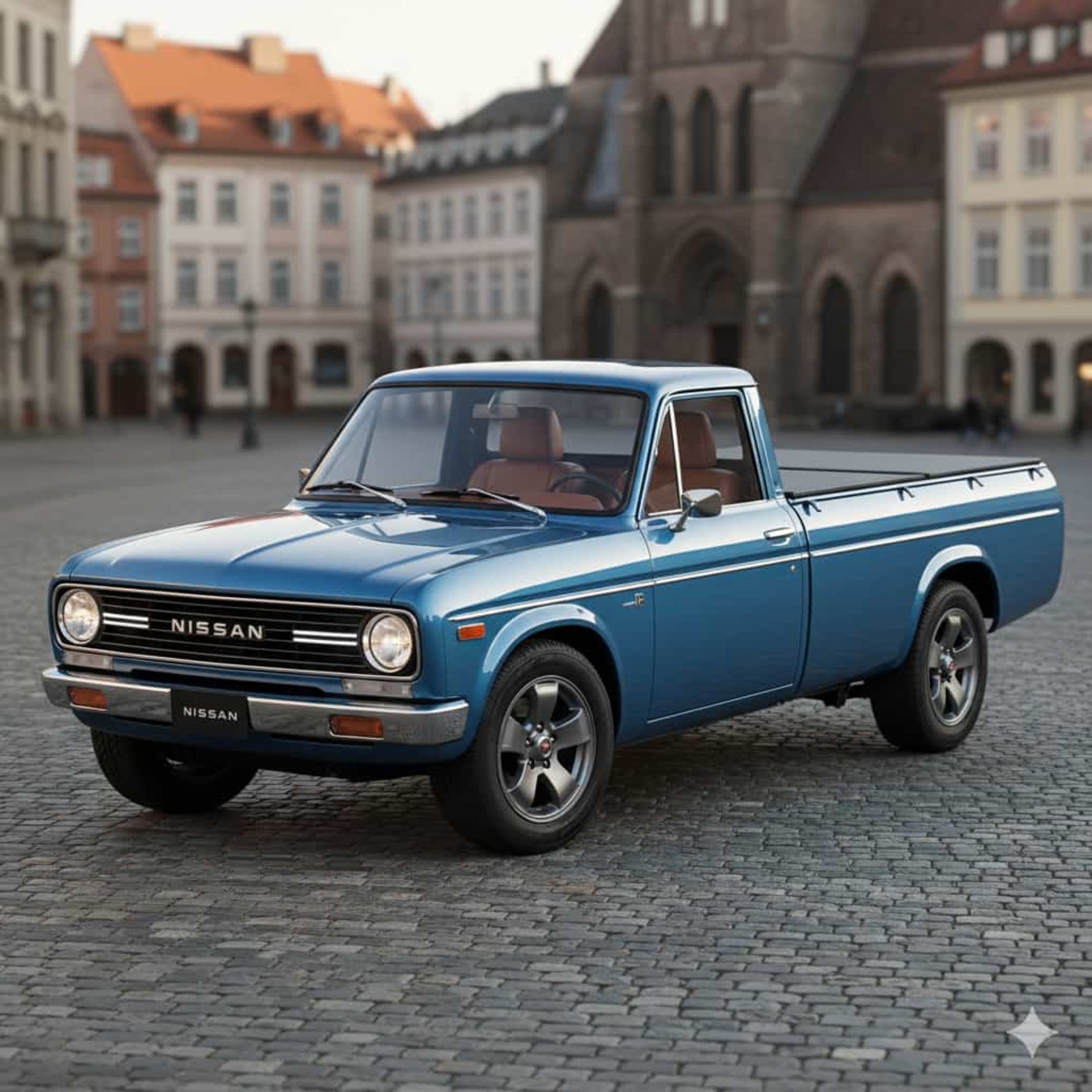 نمای سه‌چهارم جلو خودرو نیسان آبی ۲۰۲۵ (هوش مصنوعی)