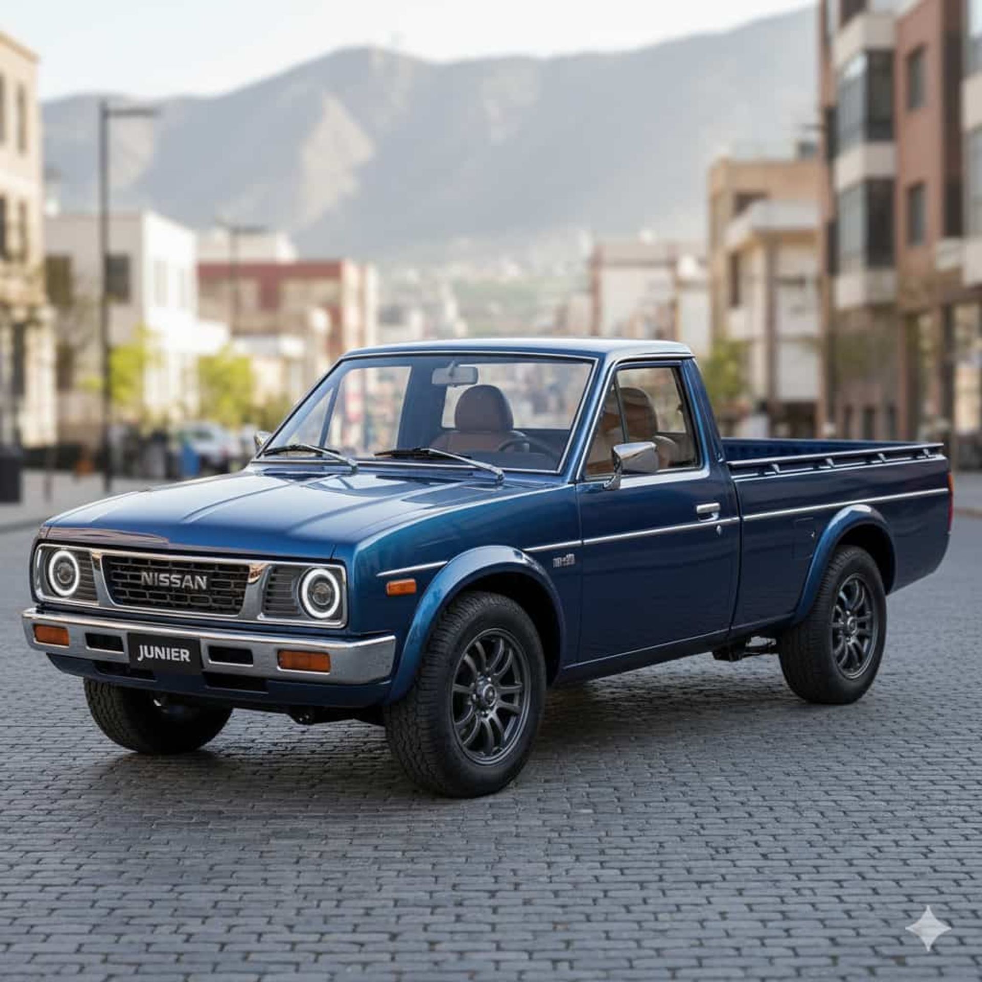 نمای سه‌چهارم جلو خودرو نیسان آبی ۲۰۲۵ (هوش مصنوعی)