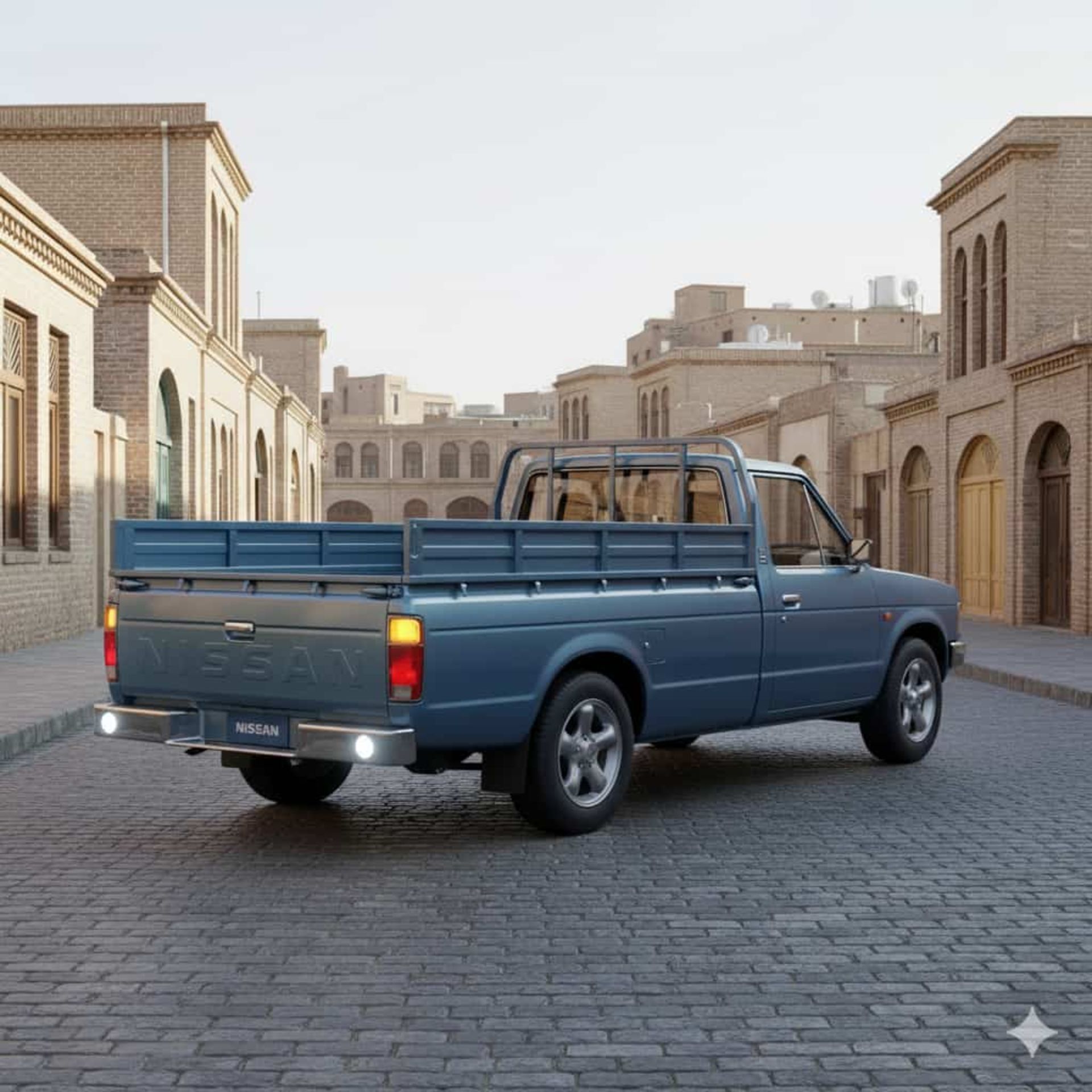 نمای سه‌چهارم عقب خودرو نیسان آبی ۲۰۲۵ (هوش مصنوعی)