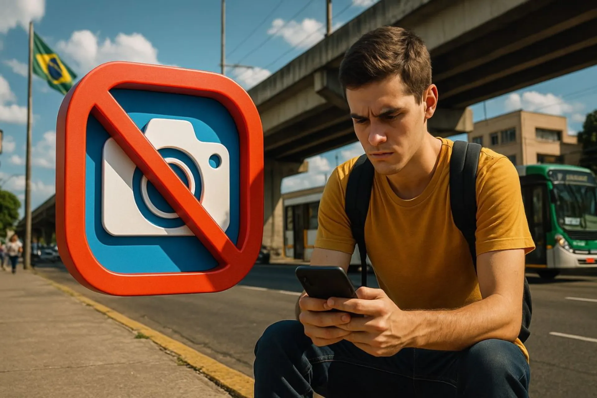 پسری در حال نگاه کردن به گوشی با علامت ممنوع بودن دوربین