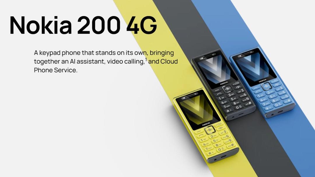 تصویر تبلیغاتی سه گوشی نوکیا مدل Nokia 200 4G با صفحه‌نمایش و کیپد مشخص روی پس‌زمینه رنگی