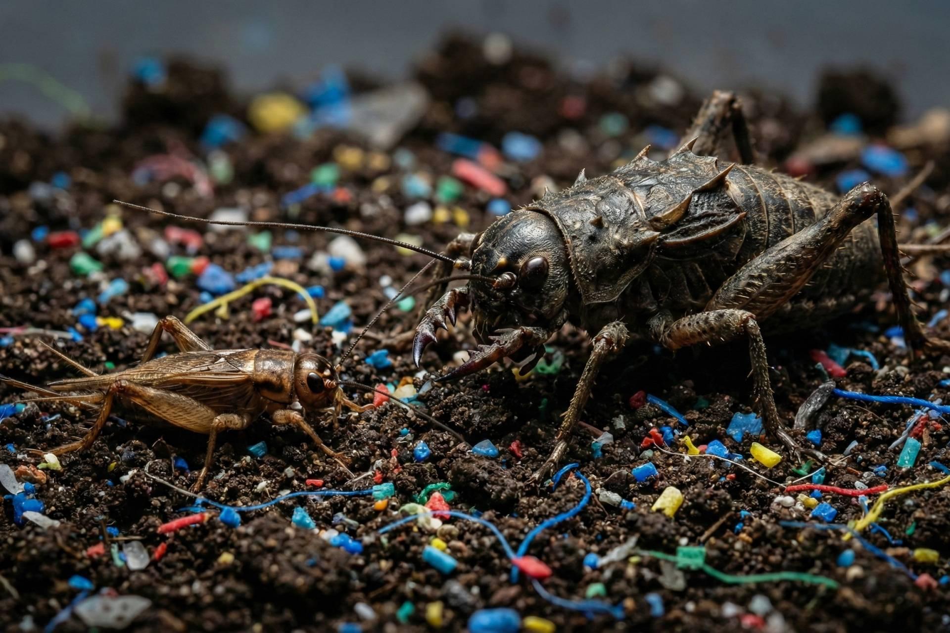 تصویرسازی جیرجیرک با اندازه معمولی در کنار یک جیرجیرک غول‌پیکر و غیرطبیعی روی بستری از خاک مخلوط با قطعات پلاستیکی ریز