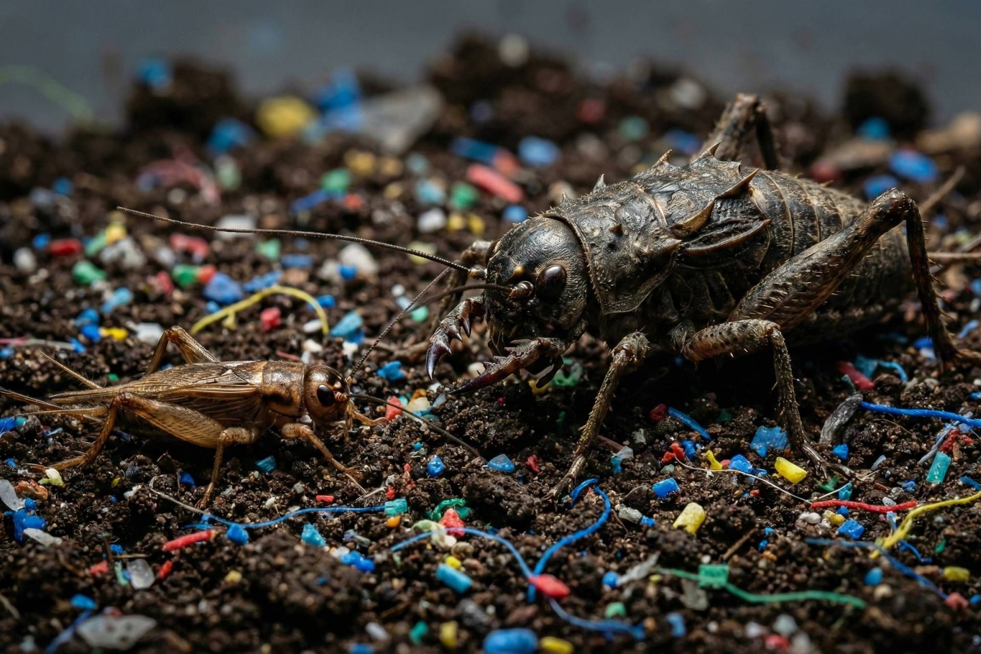 تصویرسازی جیرجیرک با اندازه معمولی در کنار یک جیرجیرک غول‌پیکر و غیرطبیعی روی بستری از خاک مخلوط با قطعات پلاستیکی ریز