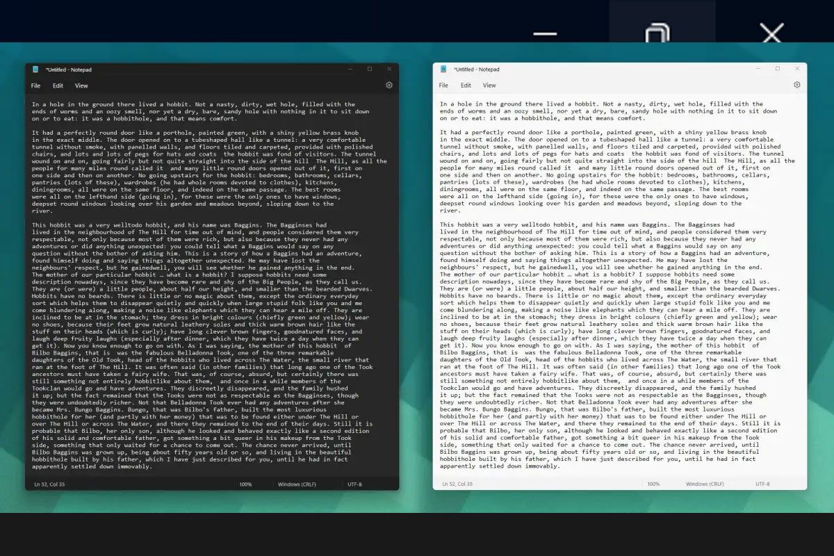 NotePad with dark and light theme side by side