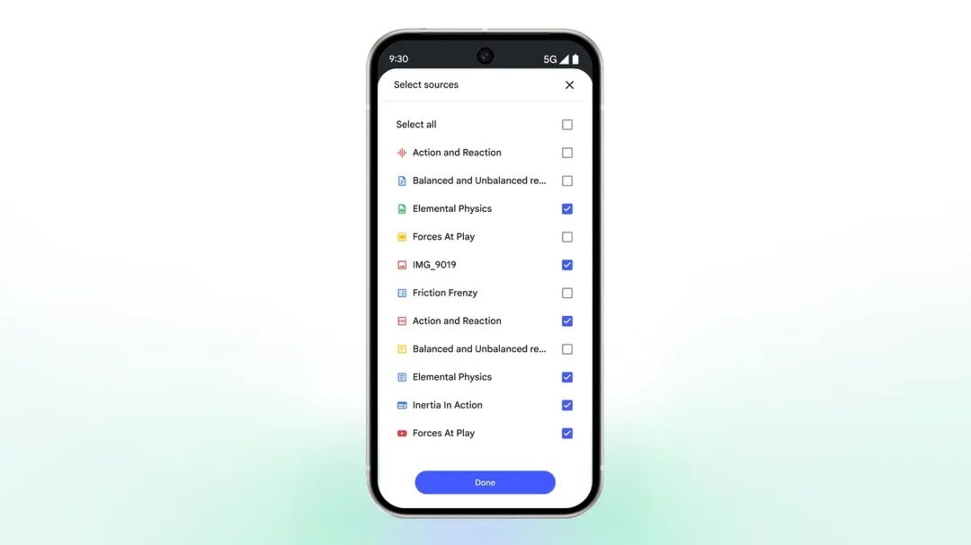 انتخاب منابع در اپلیکیشن NotebookLM